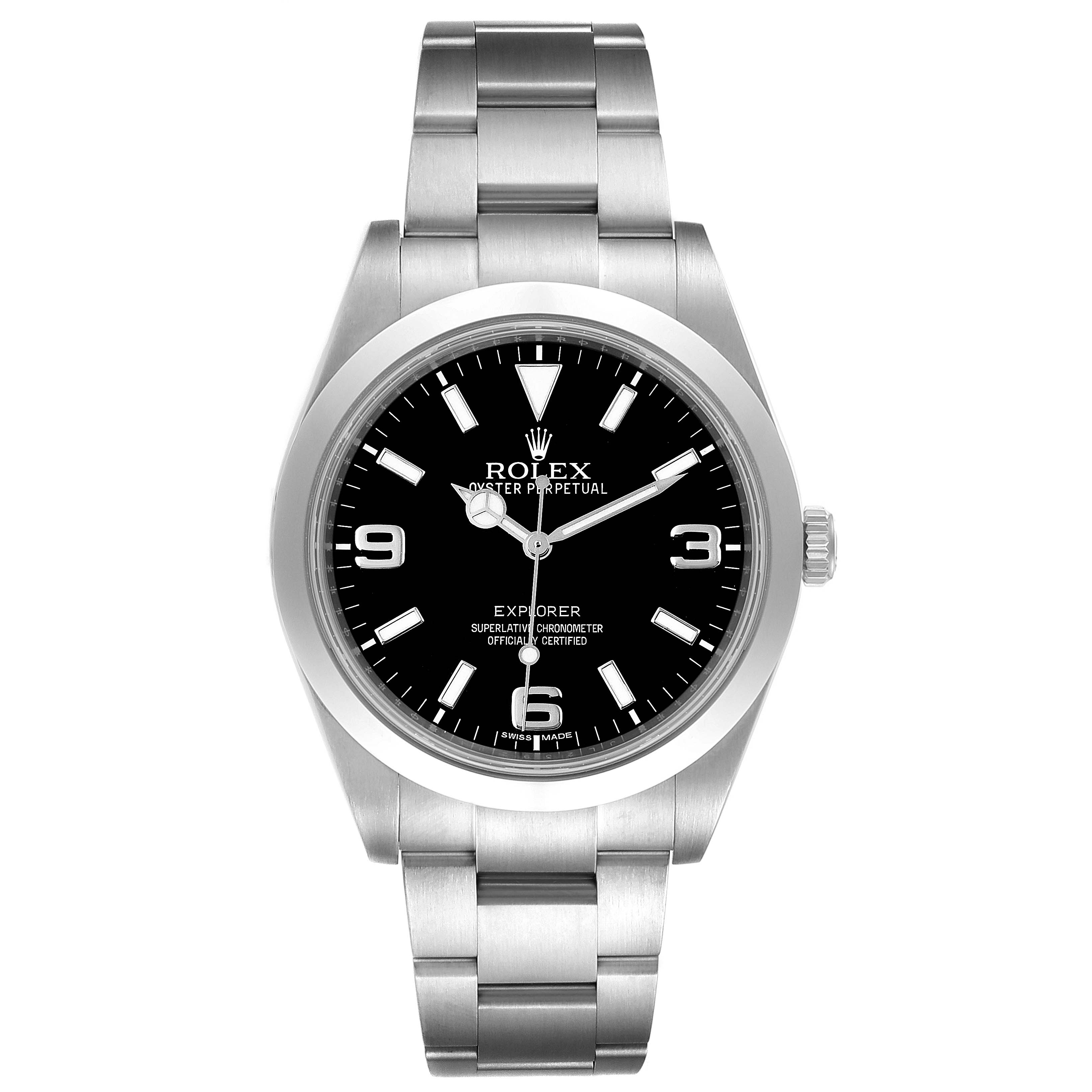 The Rolex Explorer 214270 Men
s Stainless Steel Black Dial 214270 Men
s Stainless Steel Black Dial watch is shown from a front angle, displaying the dial, bezel, and bracelet.