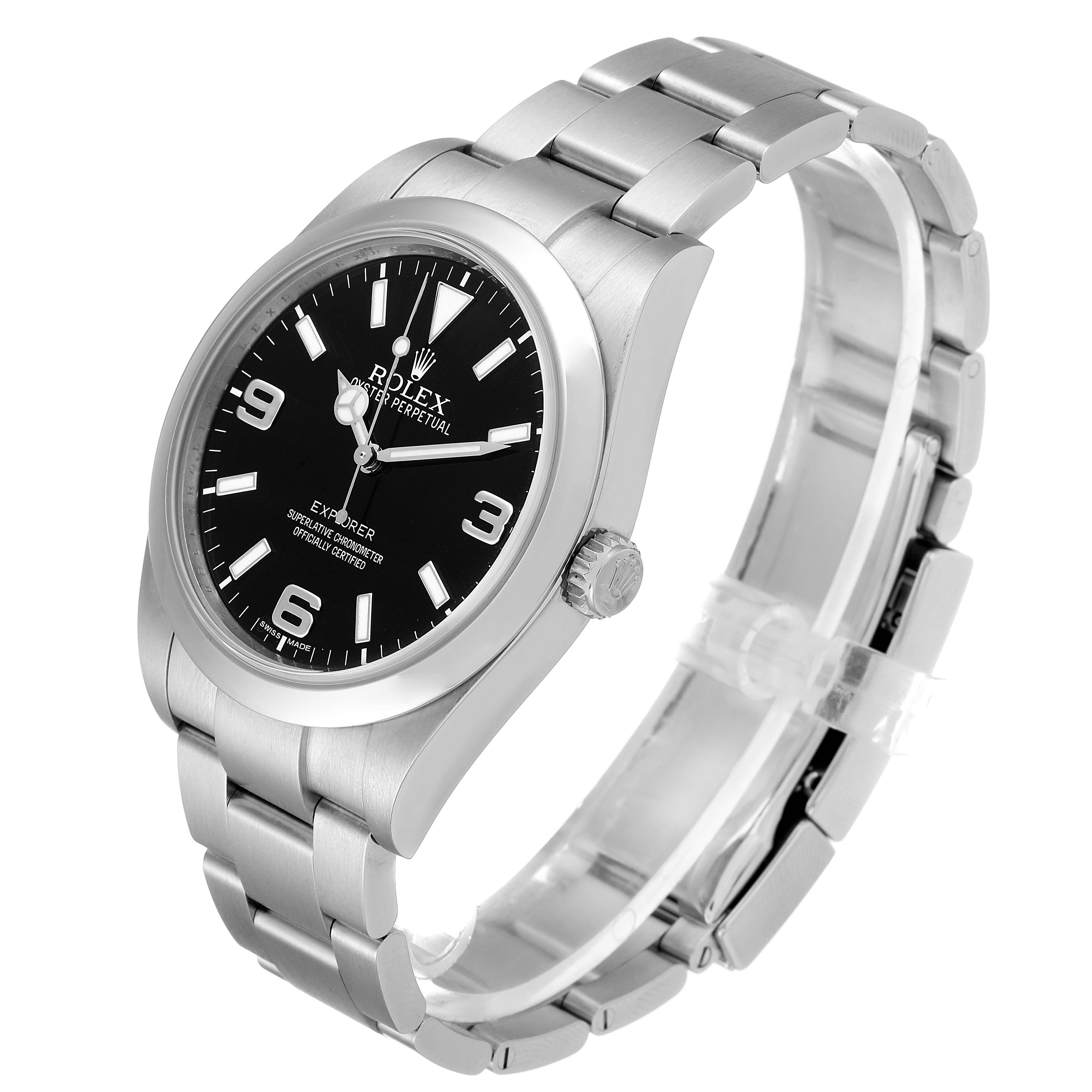 The image shows a Rolex Explorer 214270 Men
s Stainless Steel Black Dial 214270 Men
s Stainless Steel Black Dial model watch from an angled side view, highlighting the dial, case, and strap.