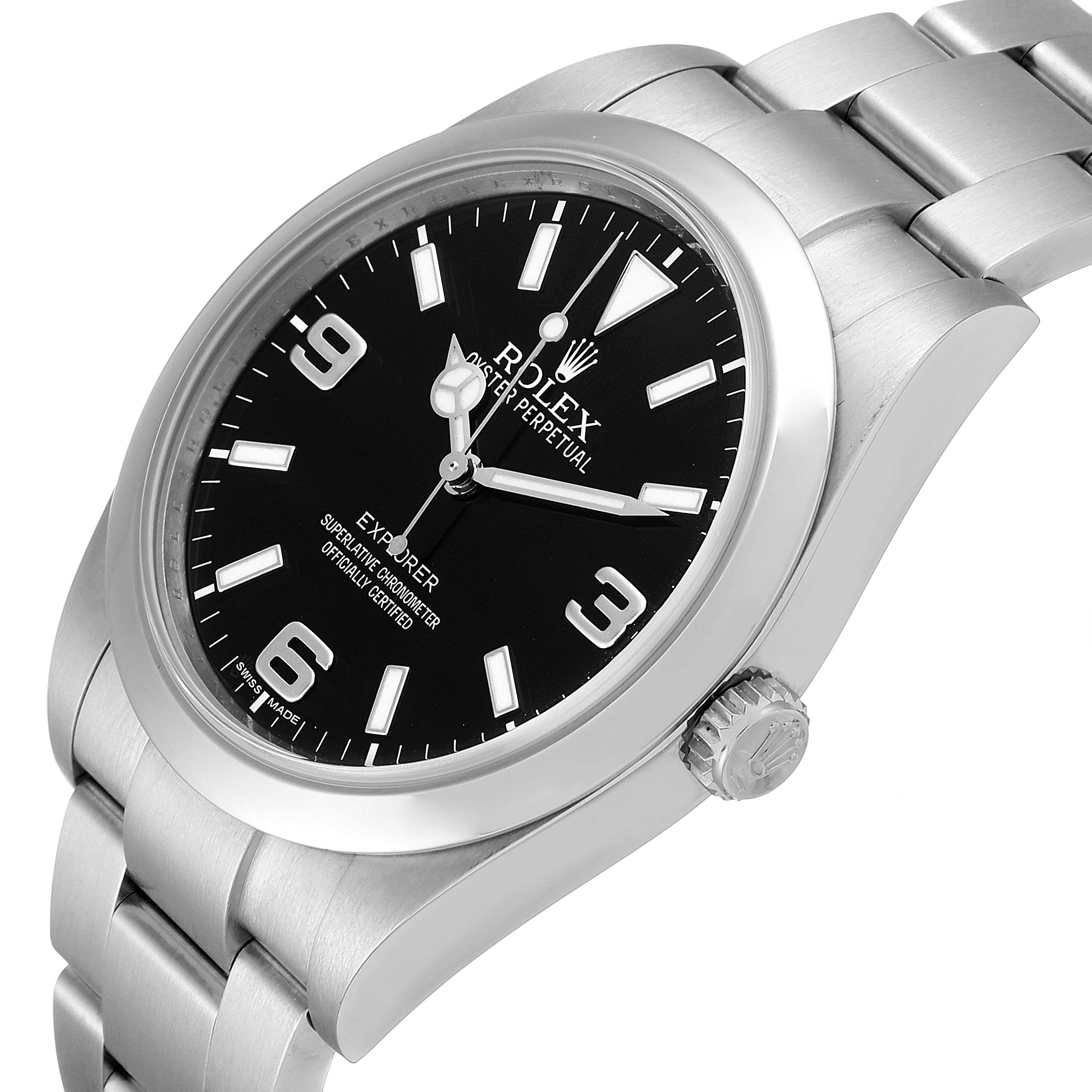 The image shows a close-up angle of the Rolex Explorer 214270 Men
s Stainless Steel Black Dial 214270 Men
s Stainless Steel Black Dial watch, highlighting the dial, case, and part of the bracelet.