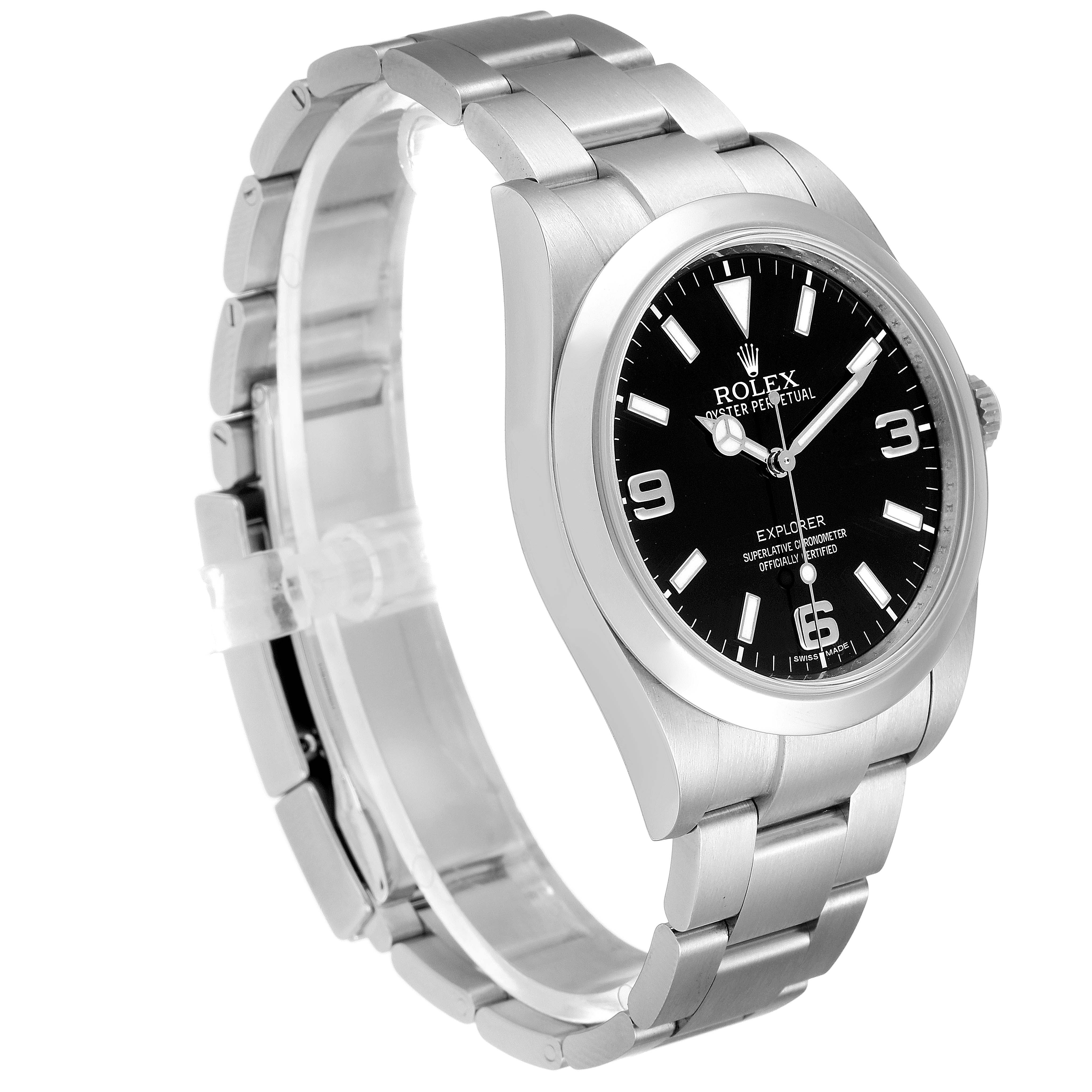 The image shows a side angle of the Rolex Explorer 214270 Men
s Stainless Steel Black Dial 214270 Men
s Stainless Steel Black Dial watch, displaying the face, bezel, and stainless steel bracelet.