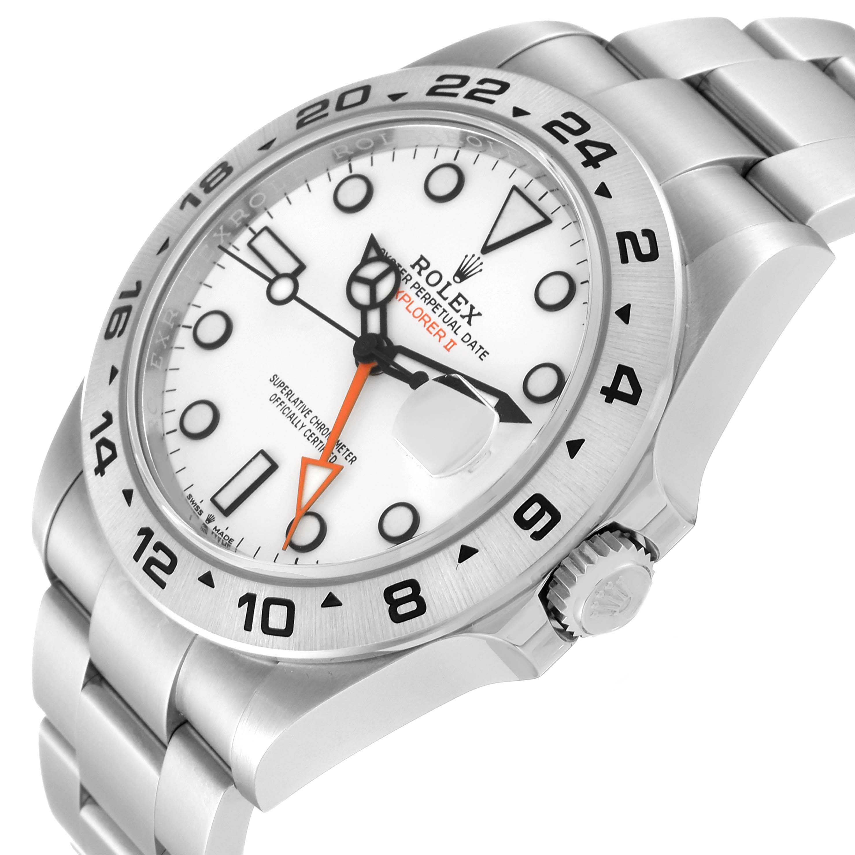 The image shows the Rolex Explorer 226570 Men
s Stainless Steel White Dial 226570 Men
s Stainless Steel White Dial watch at an angle highlighting the face, bezel, crown, and part of the bracelet.