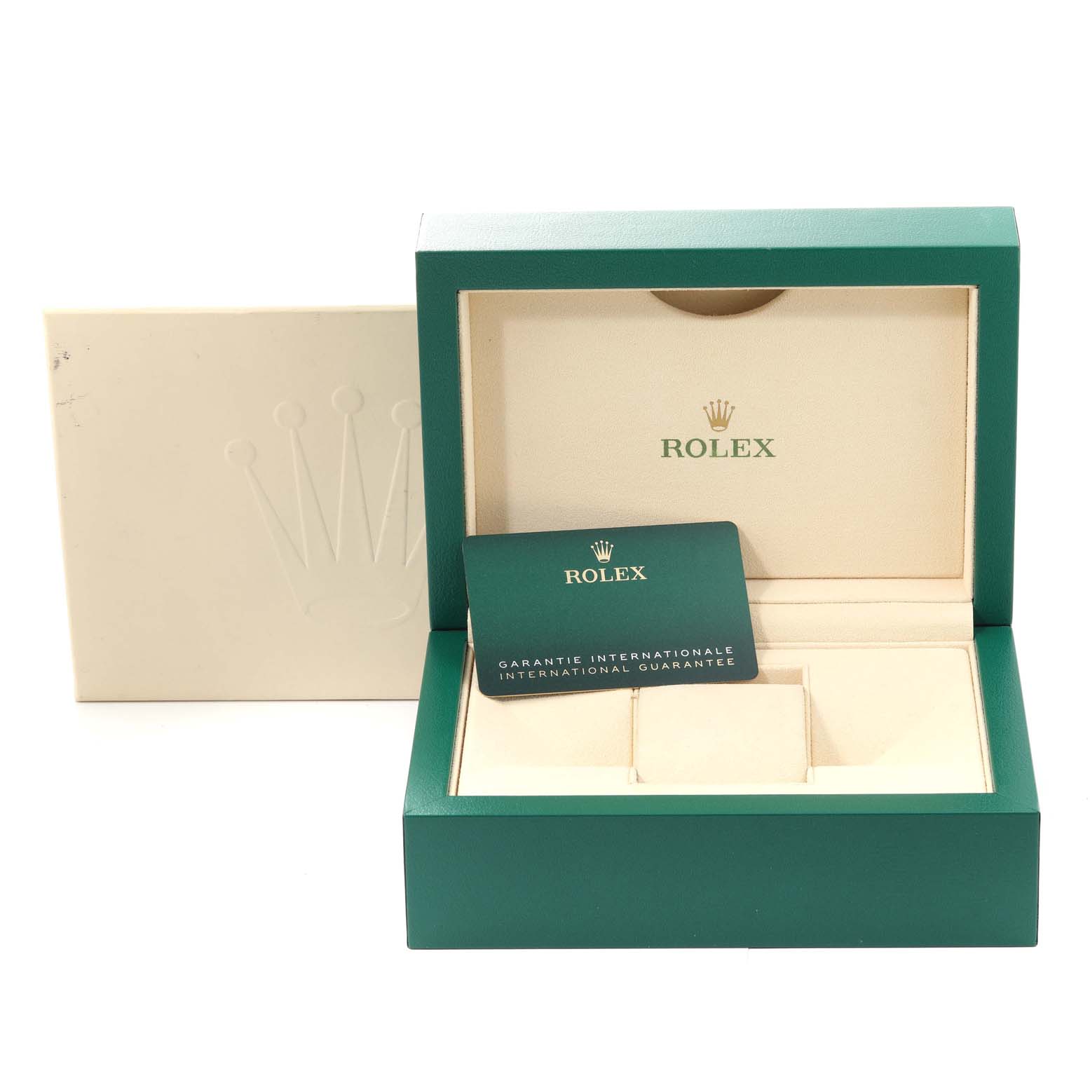 This image shows the Rolex Explorer 226570 Men
s Stainless Steel White Dial 226570 Men
s Stainless Steel White Dial watch box, warranty card, and card holder at a front angle.