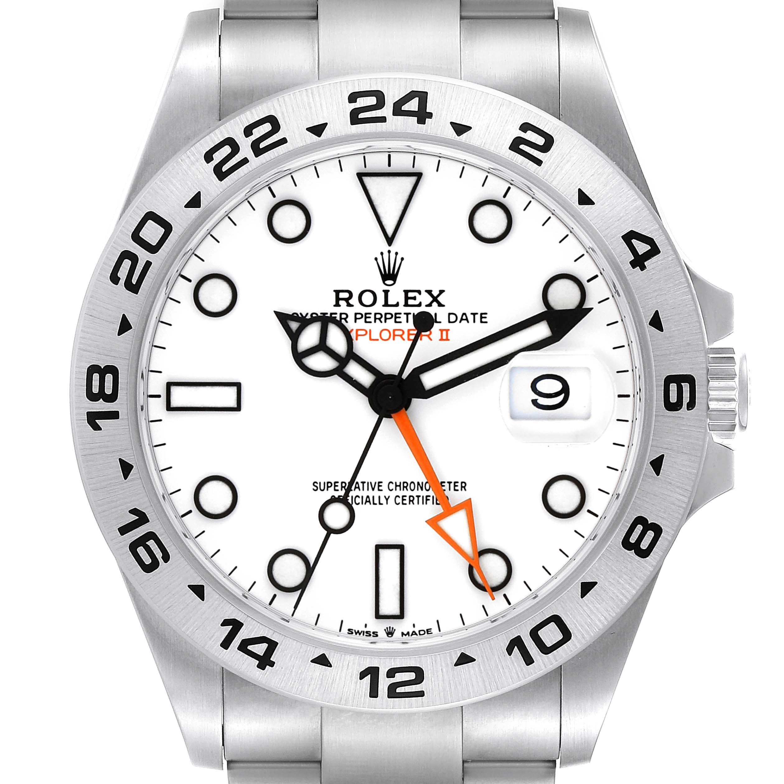 The image shows a front view of a Rolex Explorer 226570 Men
s Stainless Steel White Dial 226570 Men
s Stainless Steel White Dial watch, focusing on the dial, hands, and bezel.