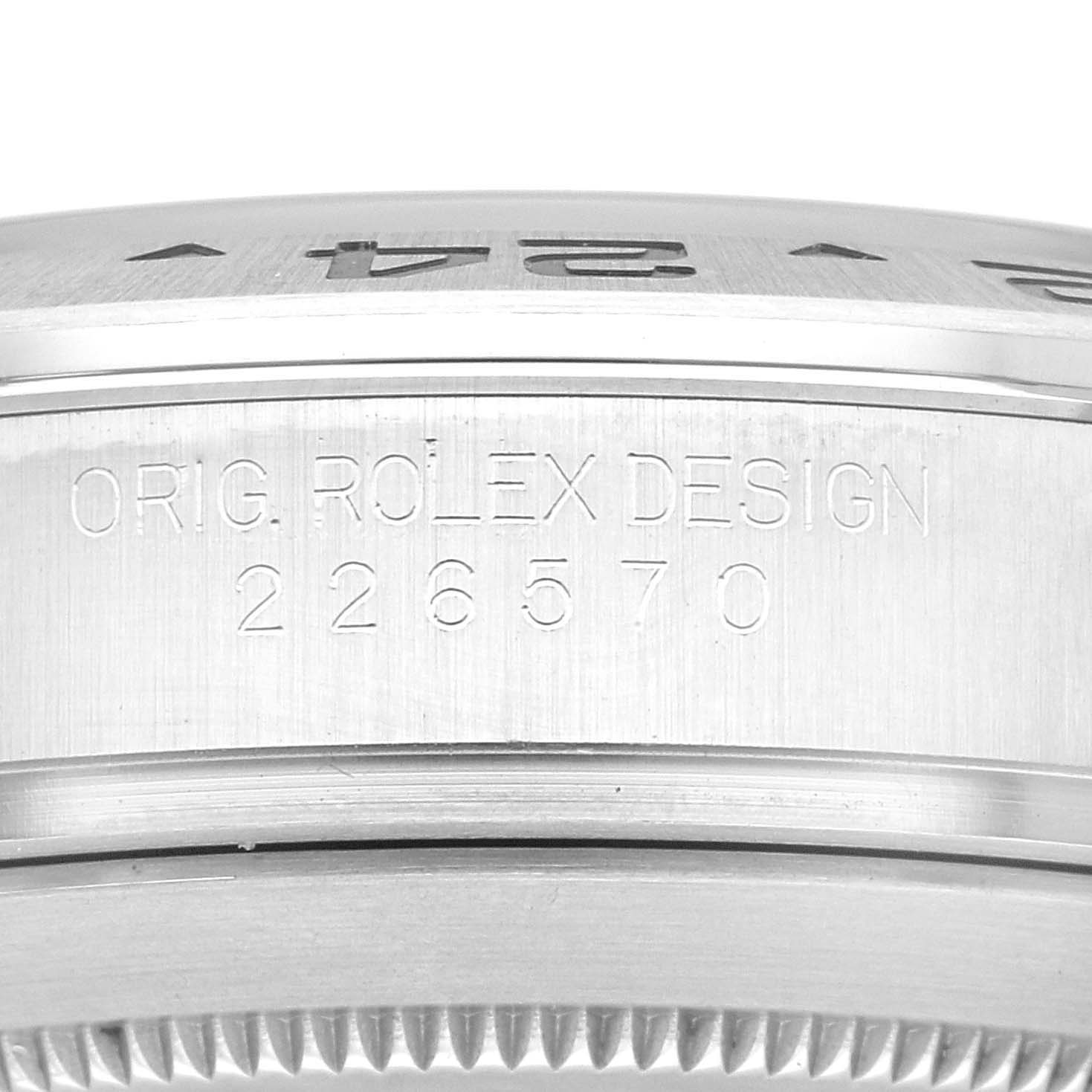 This image shows a close-up view of the case side engraving on a Rolex Explorer 226570 Men
s Stainless Steel White Dial 226570 Men
s Stainless Steel White Dial model.
