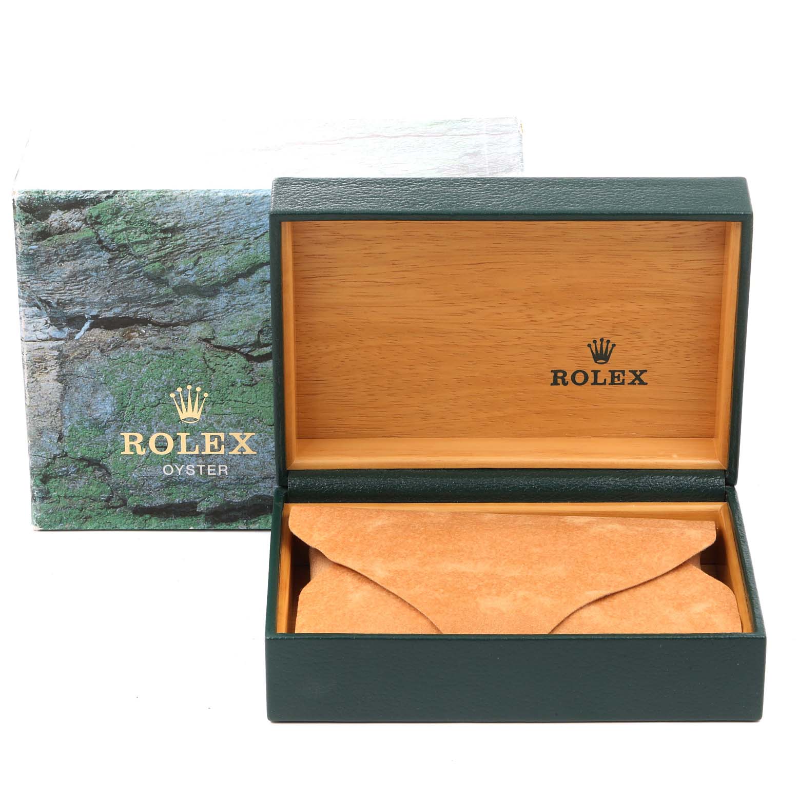 This image shows an open Rolex Explorer 16570 Men
s Stainless Steel Black Dial 16570 Men
s Stainless Steel Black Dial watch box made of wood, with a green outer casing and a leather pouch inside.