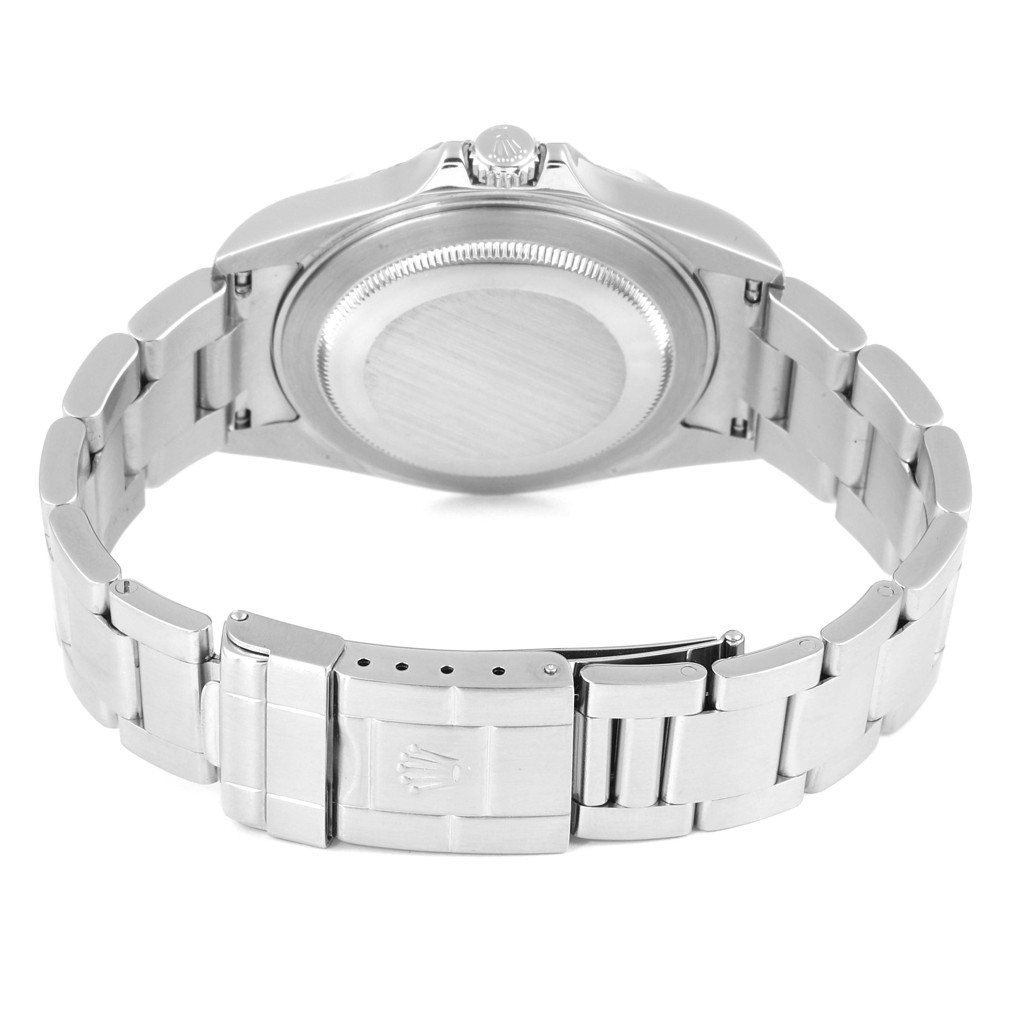 This image shows the back case and metal bracelet of a Rolex Explorer 16570 Men
s Stainless Steel Black Dial 16570 Men
s Stainless Steel Black Dial watch.