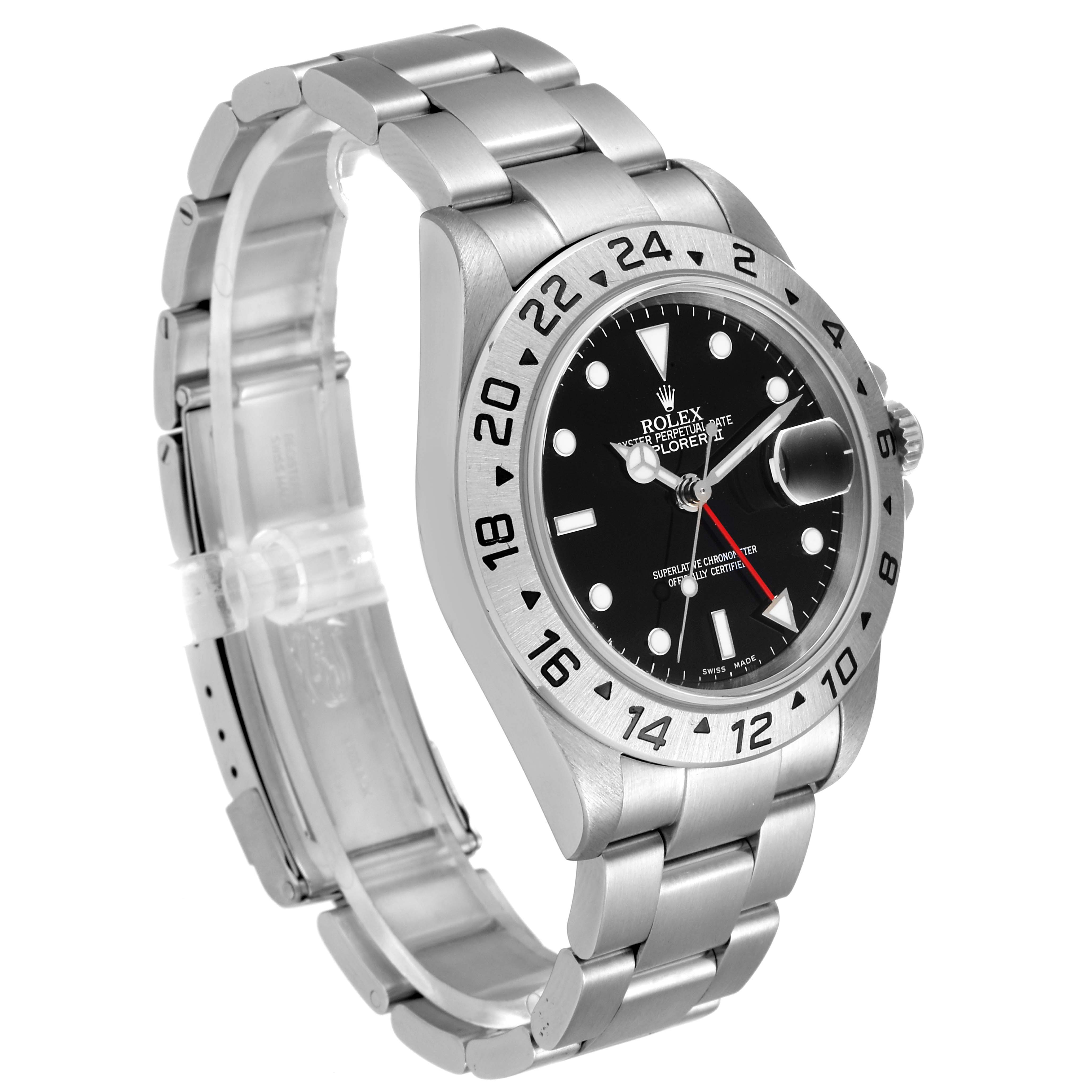 This image shows a side angle of a Rolex Explorer 16570 Men
s Stainless Steel Black Dial 16570 Men
s Stainless Steel Black Dial watch featuring its bracelet, bezel, dial, and crown.
