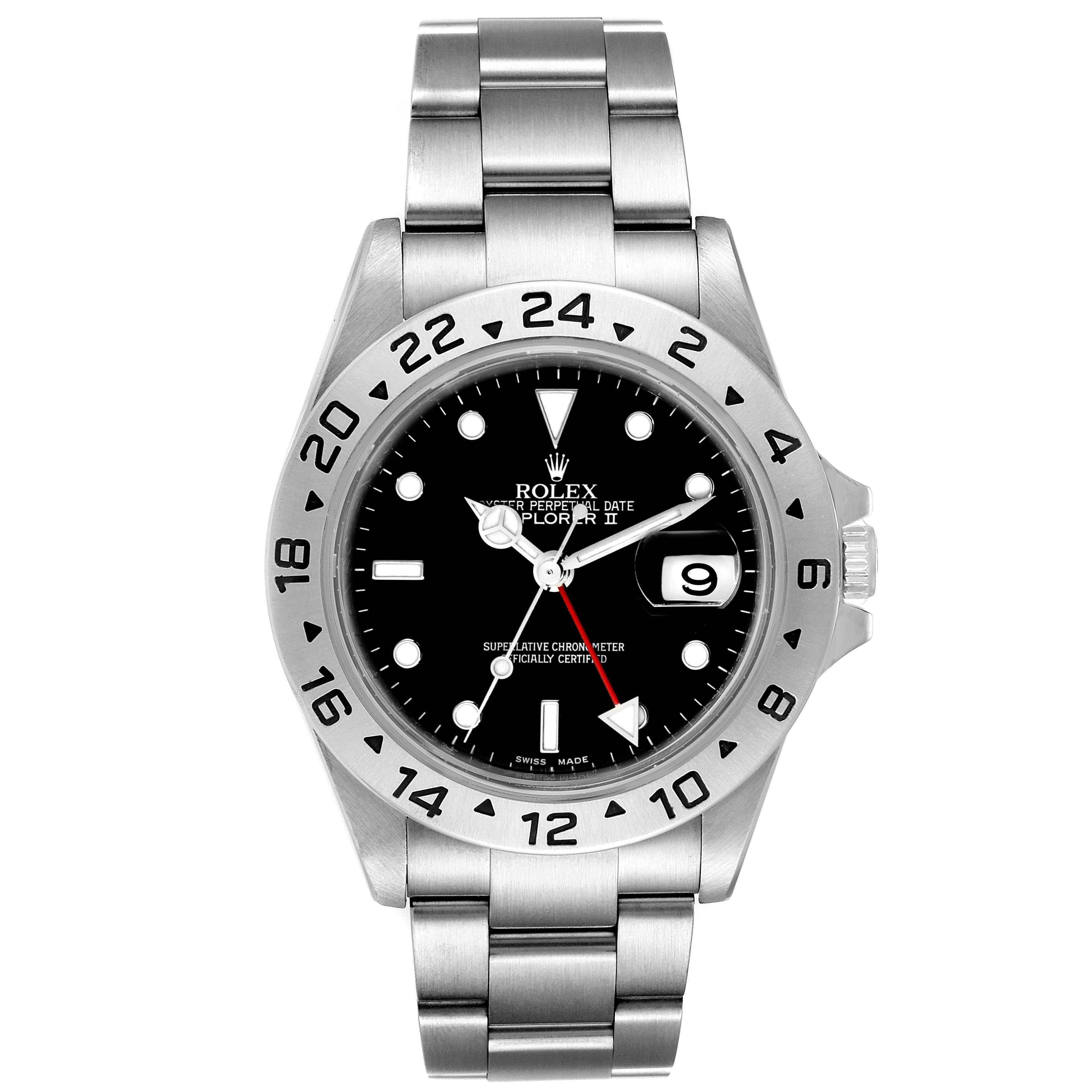 This is a front view of a Rolex Explorer 16570 Men
s Stainless Steel Black Dial 16570 Men
s Stainless Steel Black Dial watch showing the dial, bezel, and bracelet.