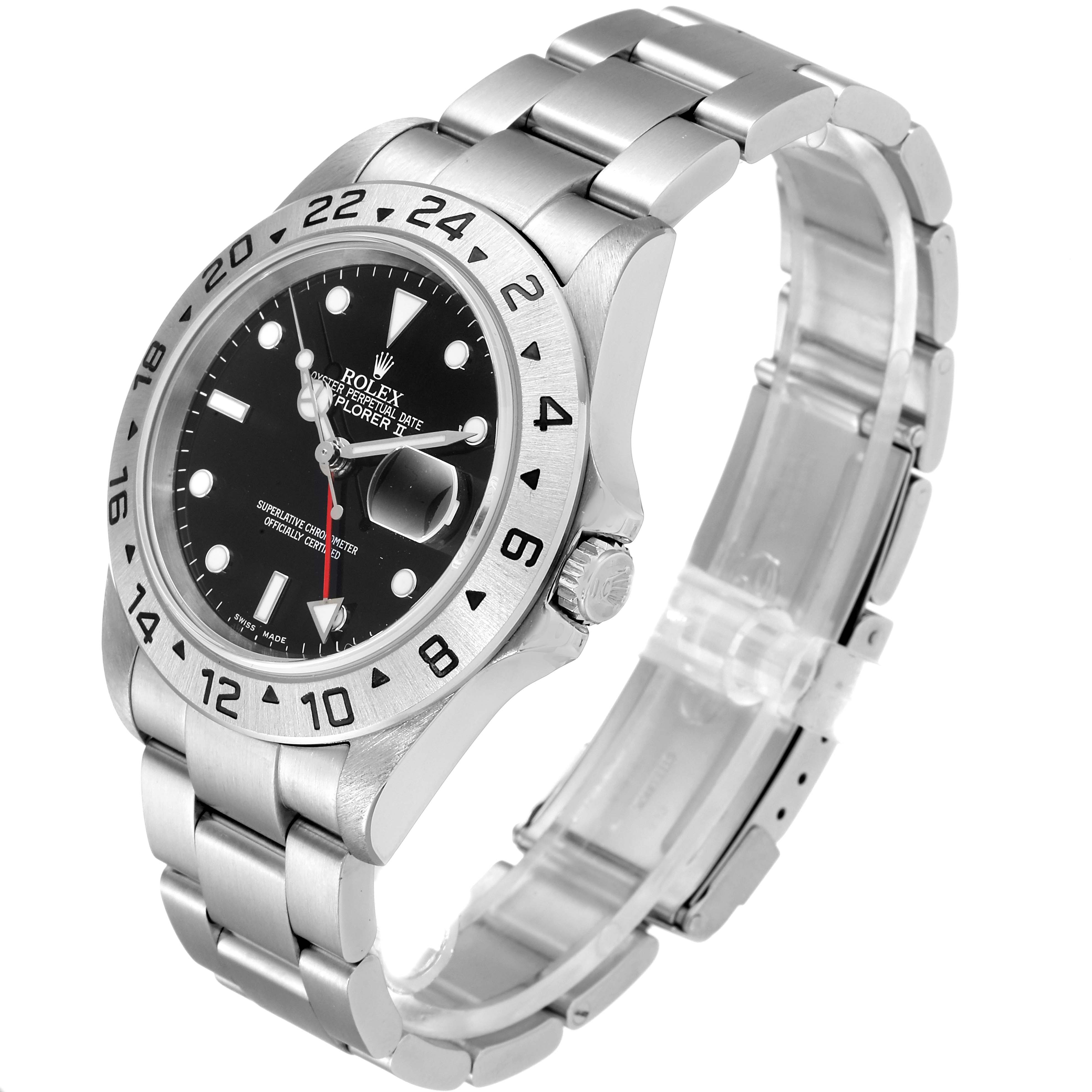 The image shows a side profile of a Rolex Explorer 16570 Men
s Stainless Steel Black Dial 16570 Men
s Stainless Steel Black Dial watch, highlighting its bezel, dial, crown, and stainless steel bracelet.