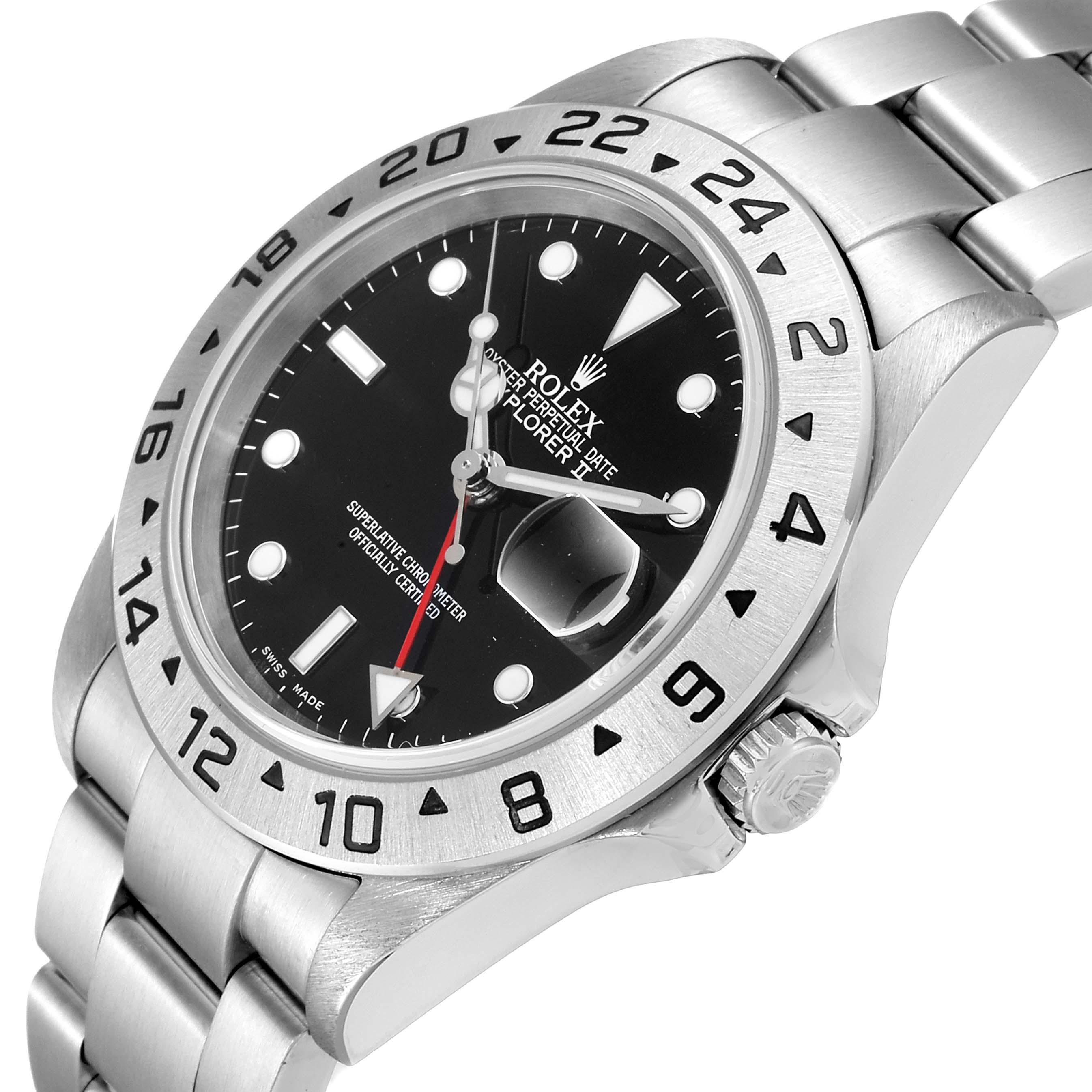 The image shows an angled view of a Rolex Explorer 16570 Men
s Stainless Steel Black Dial 16570 Men
s Stainless Steel Black Dial watch, highlighting the dial, bezel, case, and stainless steel band.