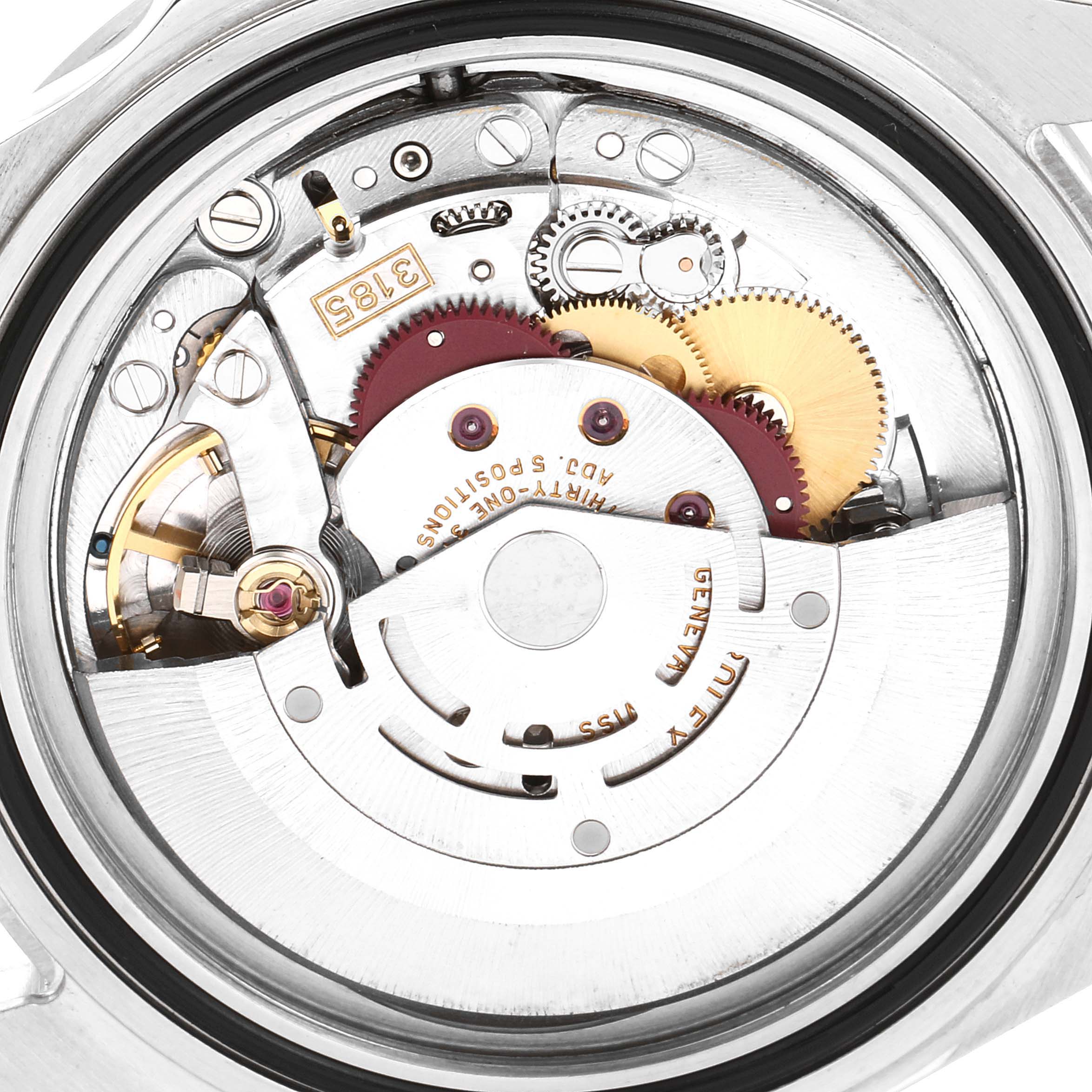 The image displays the movement and internal components of the Rolex Explorer 16570 Men
s Stainless Steel Black Dial 16570 Men
s Stainless Steel Black Dial model watch from a rear angle.