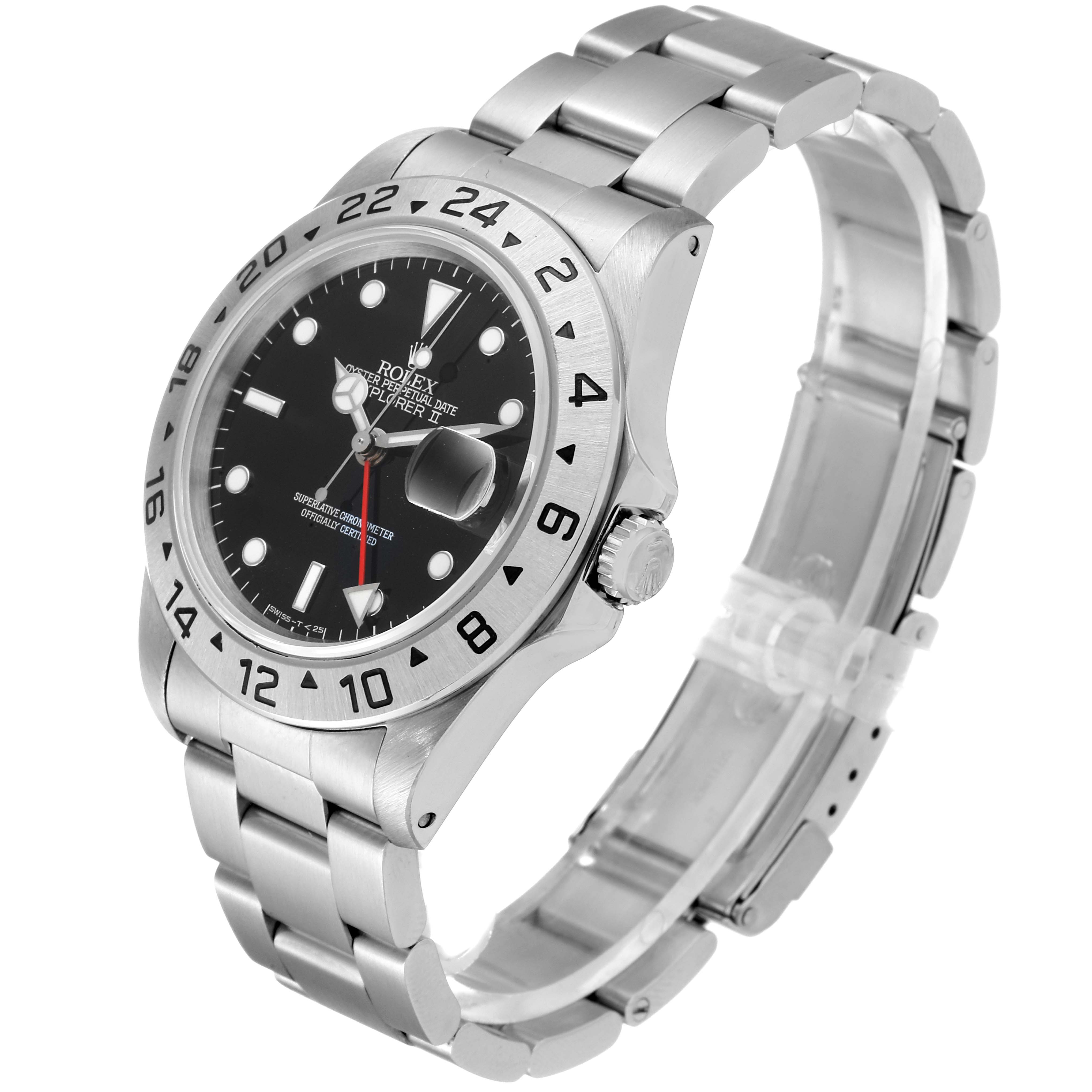 The image shows a Rolex Explorer 16570 Men
s Stainless Steel Black Dial 16570 Men
s Stainless Steel Black Dial watch taken from an angled side view, highlighting its dial, bezel, crown, and metal bracelet.