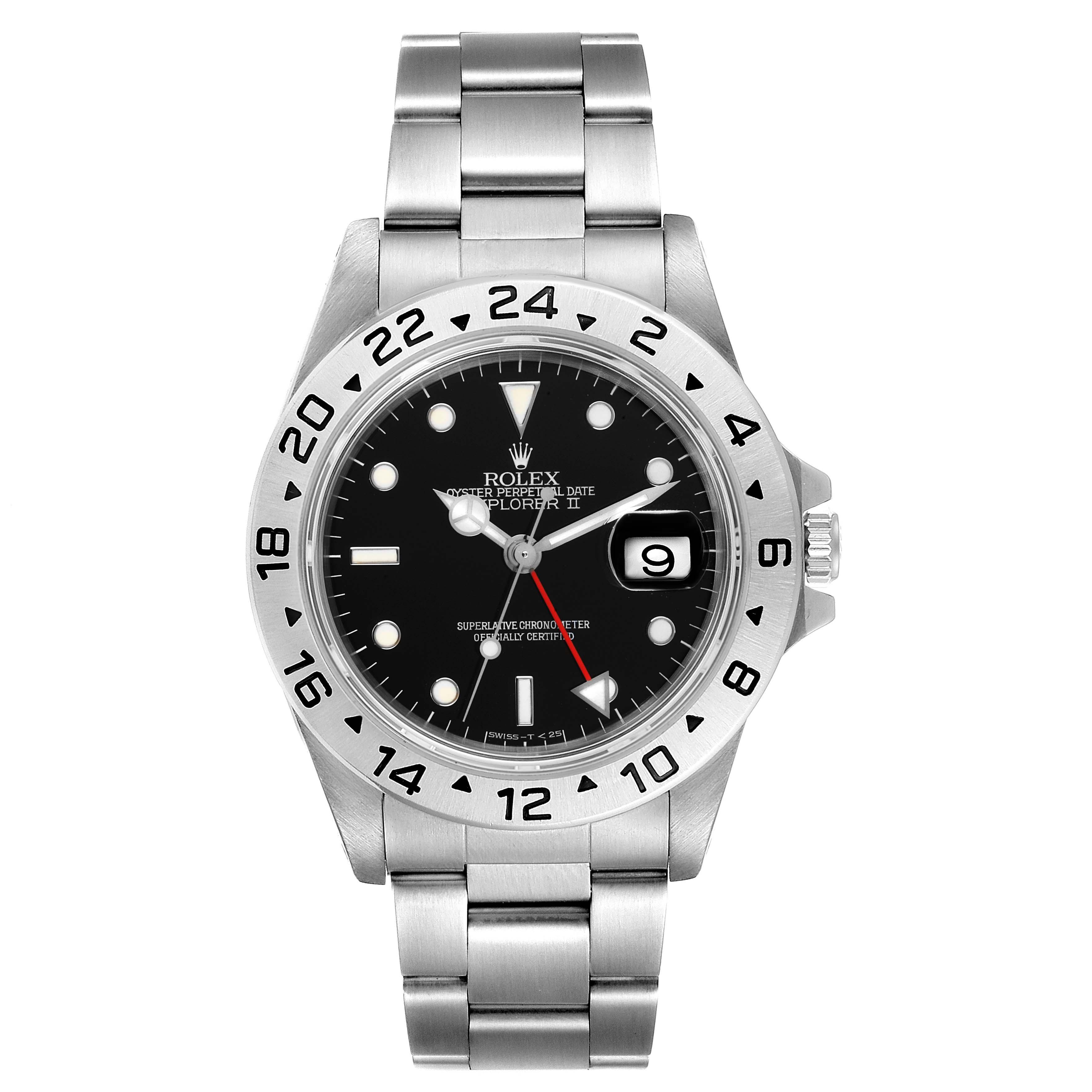 The image shows a front view of a Rolex Explorer 16570 Men
s Stainless Steel Black Dial 16570 Men
s Stainless Steel Black Dial watch, highlighting its dial, bezel, and bracelet.