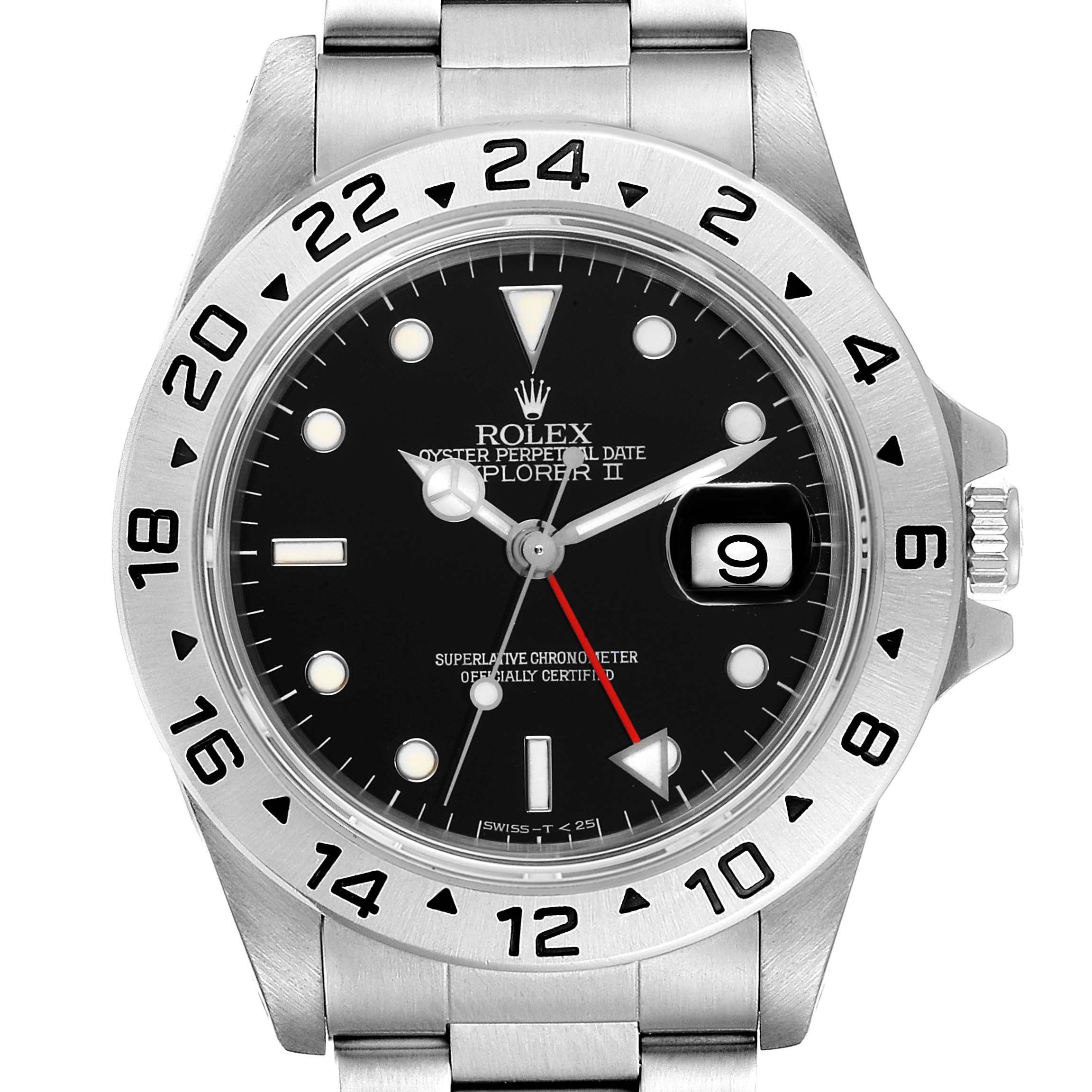 This image shows the front view of a Rolex Explorer 16570 Men
s Stainless Steel Black Dial 16570 Men
s Stainless Steel Black Dial watch, displaying the dial, bezel, and part of the bracelet.