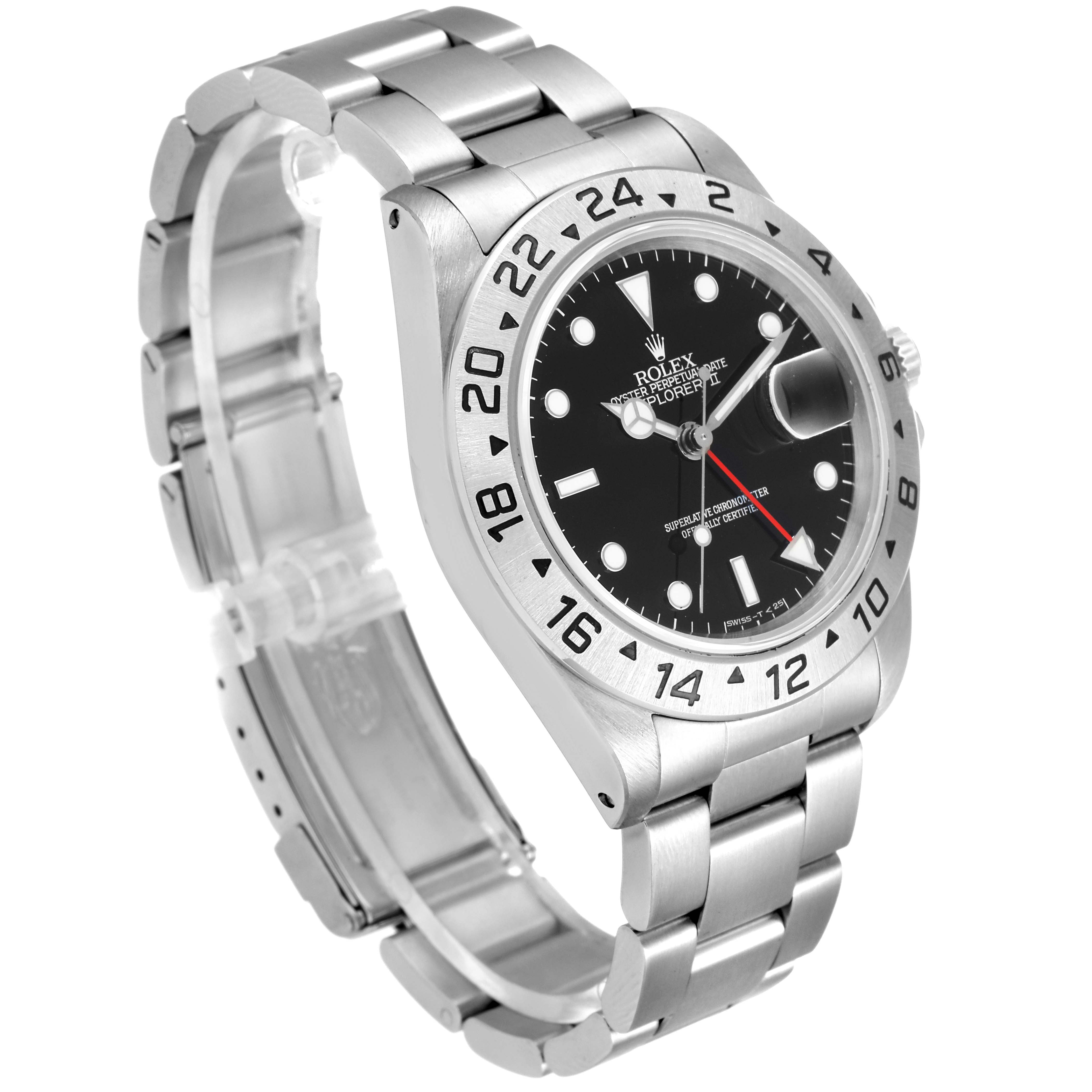 The image shows a Rolex Explorer 16570 Men
s Stainless Steel Black Dial 16570 Men
s Stainless Steel Black Dial model watch from a three-quarters angle, focusing on the dial, bezel, and wristband.