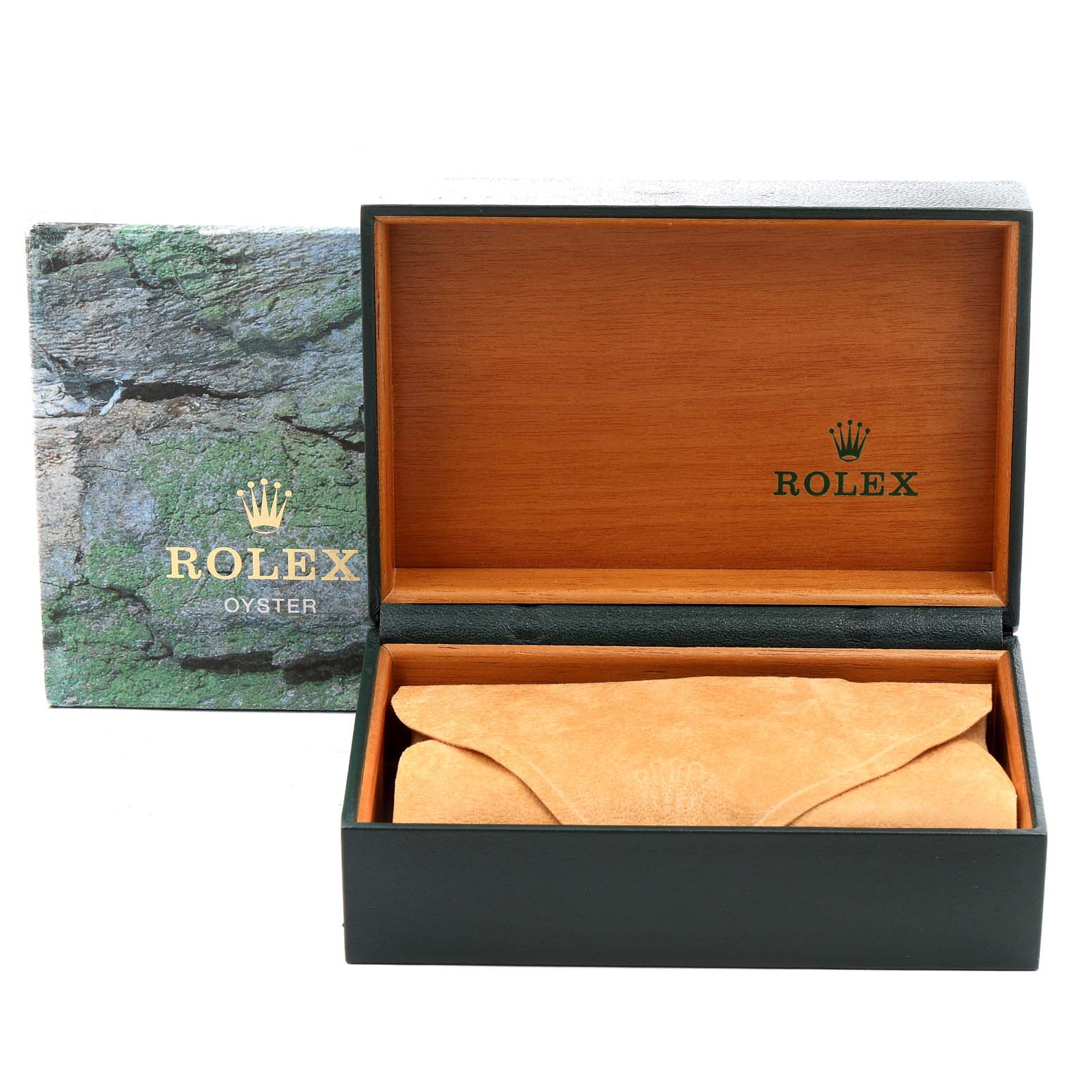 The image shows a Rolex Explorer 16570 Men
s Stainless Steel Black Dial 16570 Men
s Stainless Steel Black Dial watch box, positioned open, revealing a tan suede pouch inside.