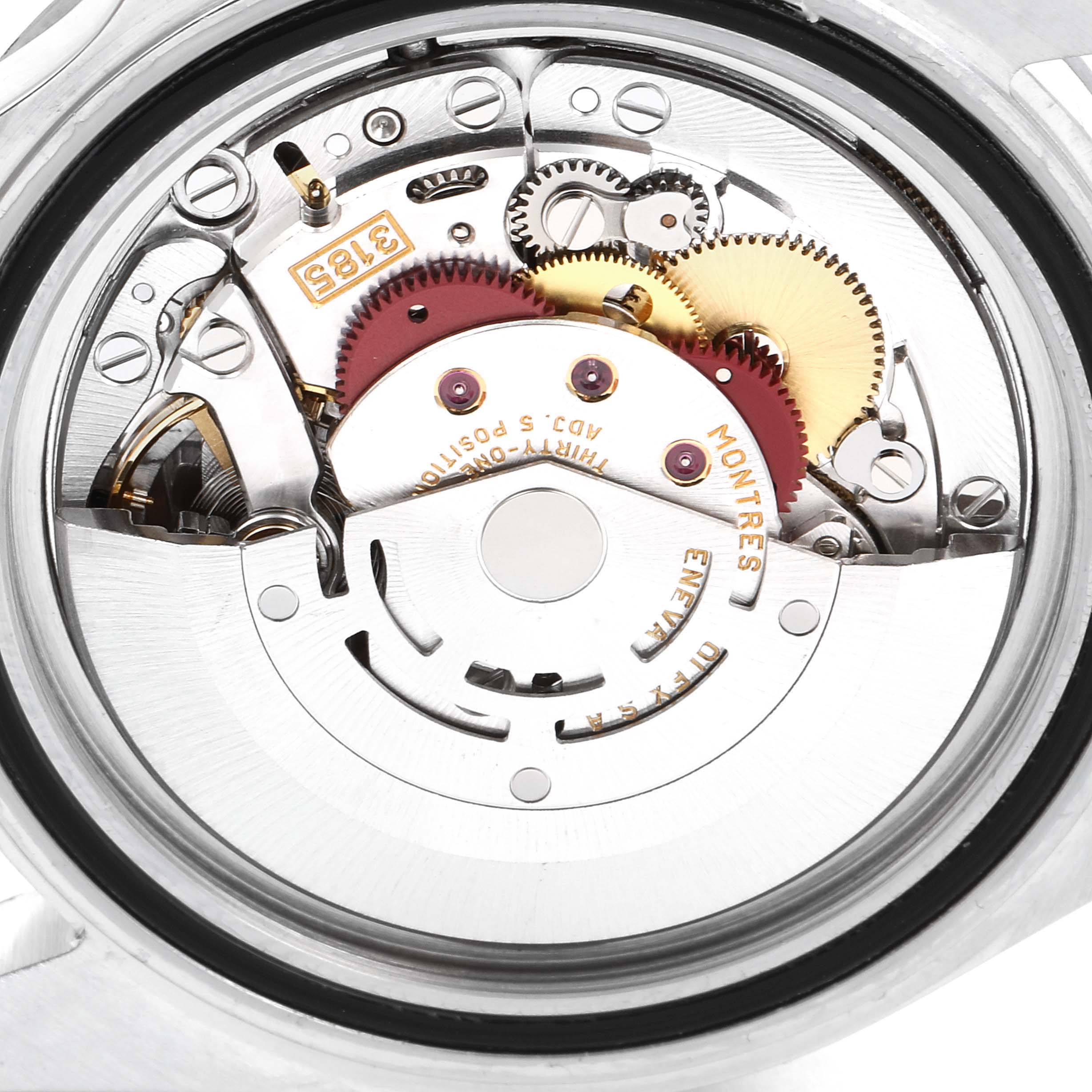 The image shows the internal mechanical movement of a Rolex Explorer 16570 Men
s Stainless Steel Black Dial 16570 Men
s Stainless Steel Black Dial model watch from a back case angle.