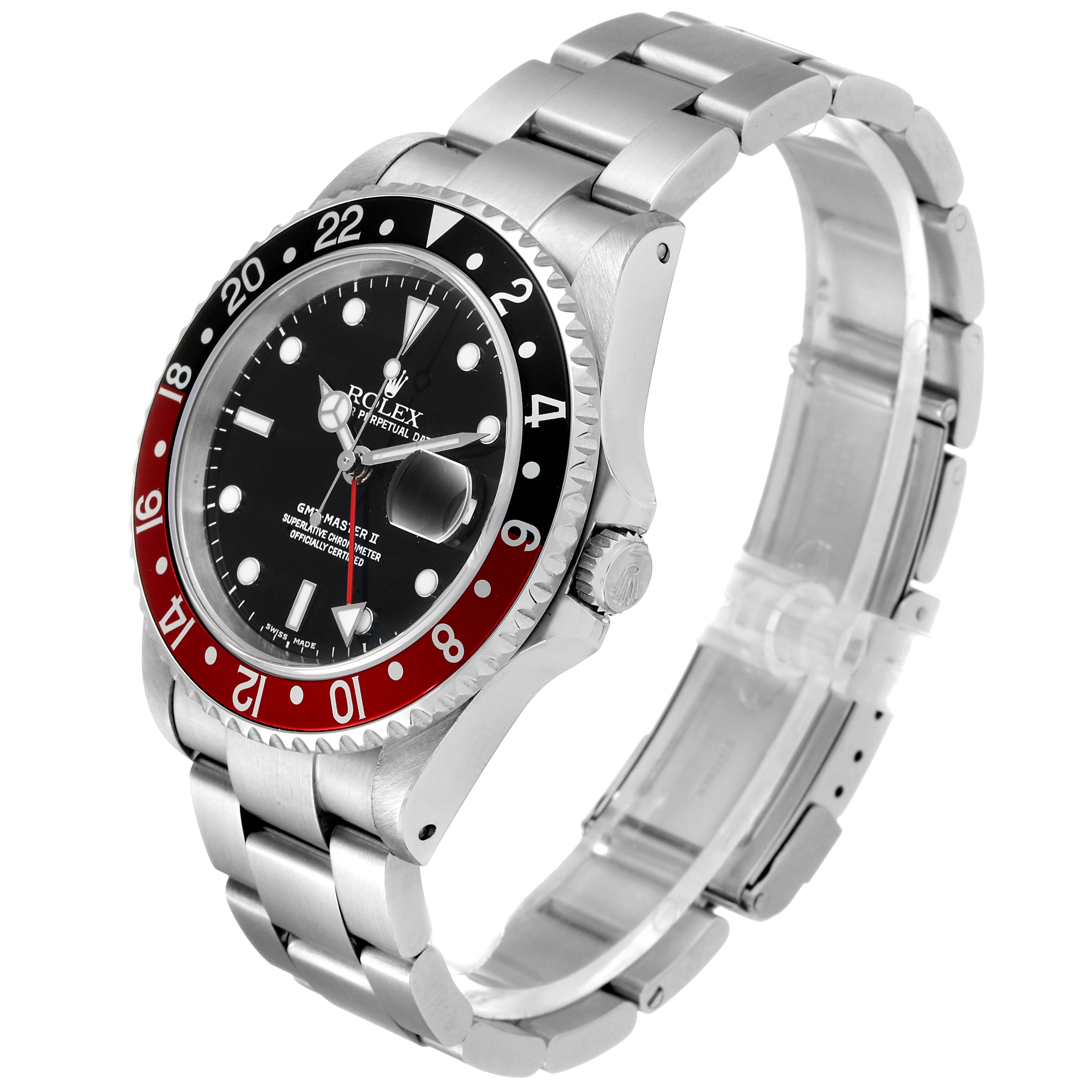 The Rolex GMT-Master 16710 Men's Stainless Steel Black Dial 16710 Men's Stainless Steel Black Dial watch is shown at a three-quarter angle, displaying the bezel, dial, crown, bracelet, and clasp.