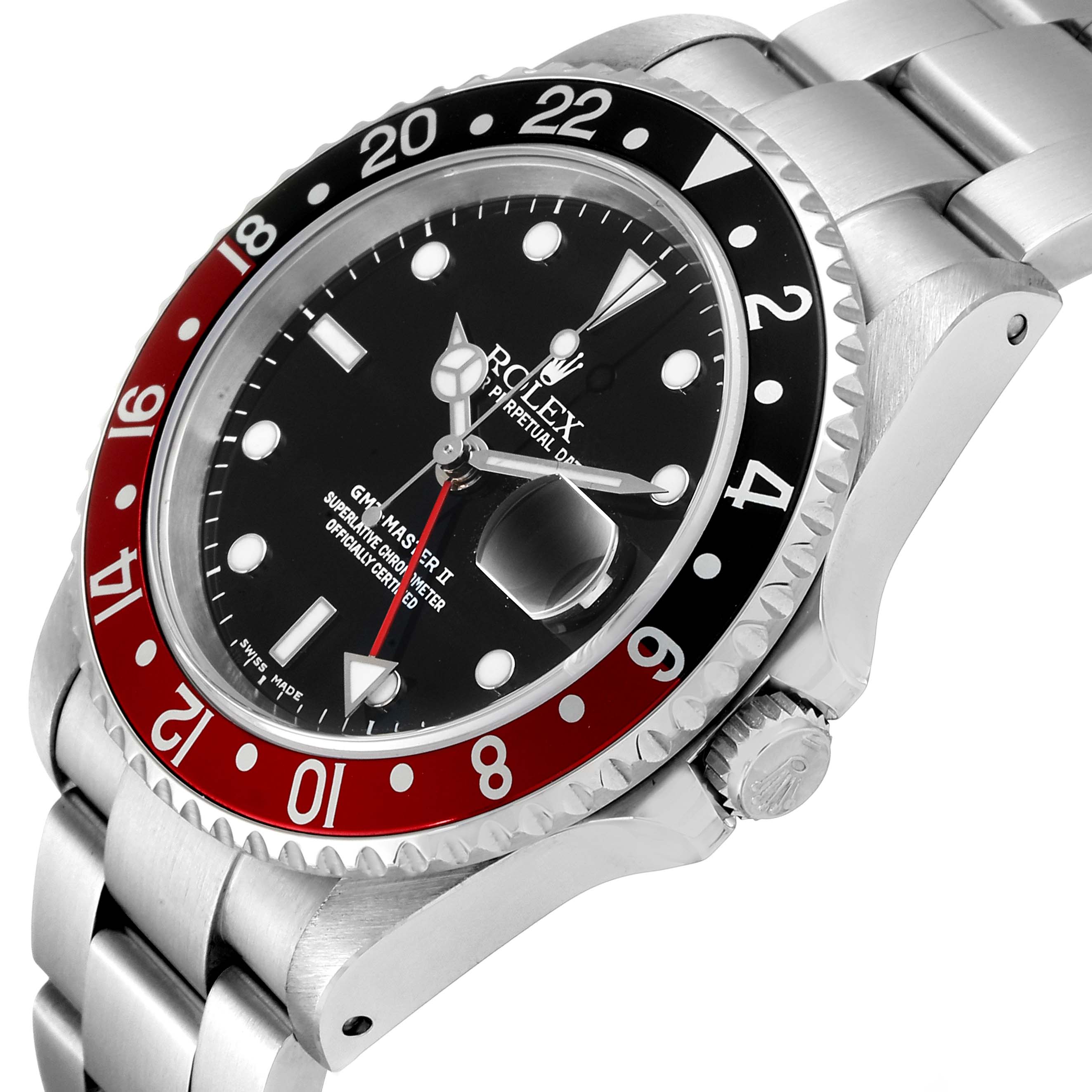 The image shows a close-up angled view of the Rolex GMT-Master 16710 Men's Stainless Steel Black Dial 16710 Men's Stainless Steel Black Dial II watch, with a focus on the dial, bezel, and part of the bracelet.