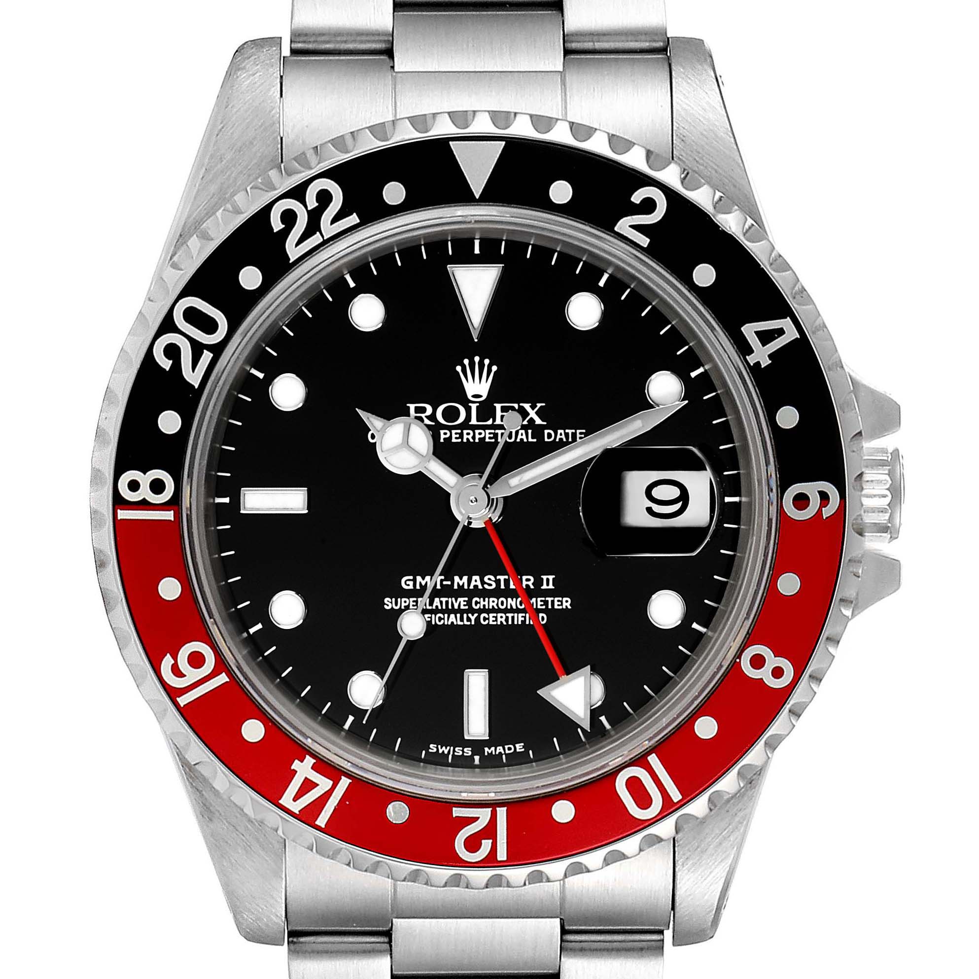 This image shows a front angle view of the Rolex GMT-Master 16710 Men's Stainless Steel Black Dial 16710 Men's Stainless Steel Black Dial II watch, including the face, bezel, and bracelet.