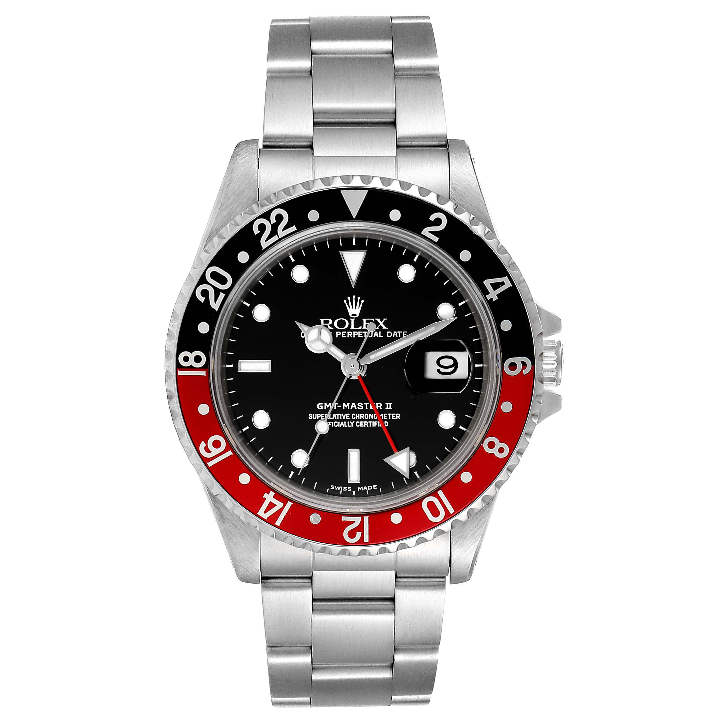 The image shows a frontal view of a Rolex GMT-Master 16710 Men's Stainless Steel Black Dial 16710 Men's Stainless Steel Black Dial II watch, highlighting the bezel, dial, hands, date window, and bracelet.
