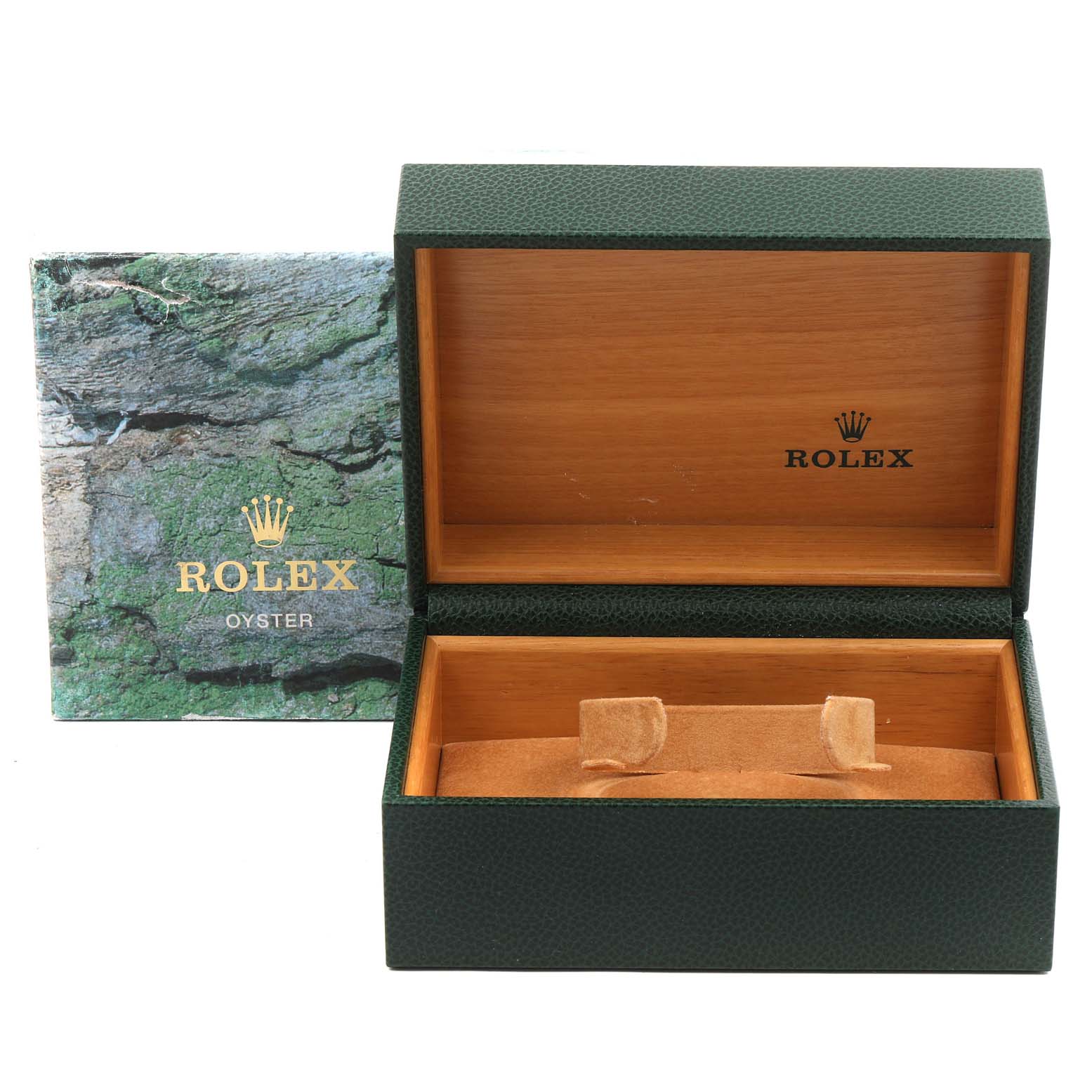 The image shows an empty open box for a Rolex GMT-Master 16710 Men's Stainless Steel Black Dial 16710 Men's Stainless Steel Black Dial watch with the outer sleeve featuring the Rolex brand.