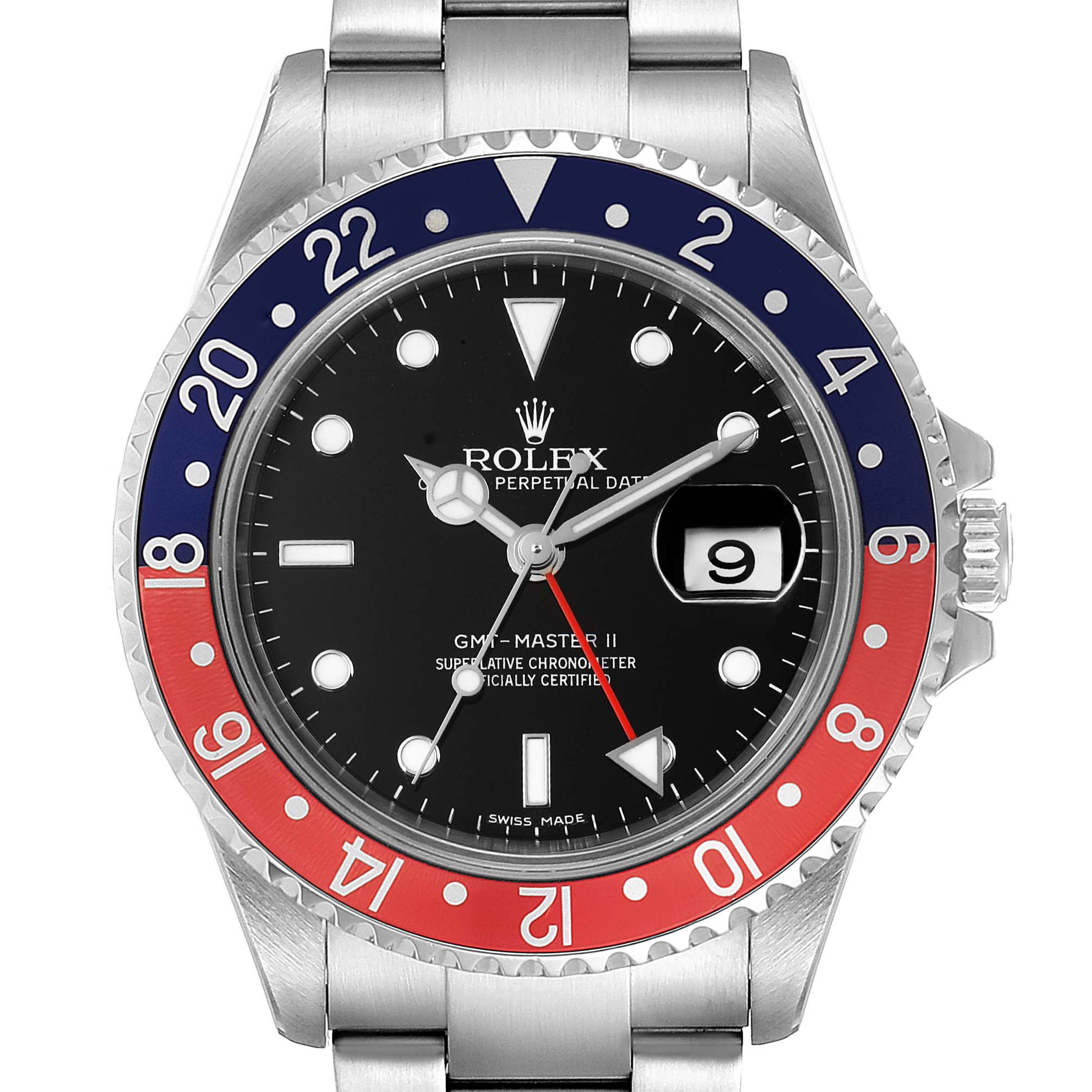 The photo shows a front angle of the Rolex GMT-Master 16710 Men's Stainless Steel Black Dial 16710 Men's Stainless Steel Black Dial II watch, highlighting its dial, bezel, and bracelet.