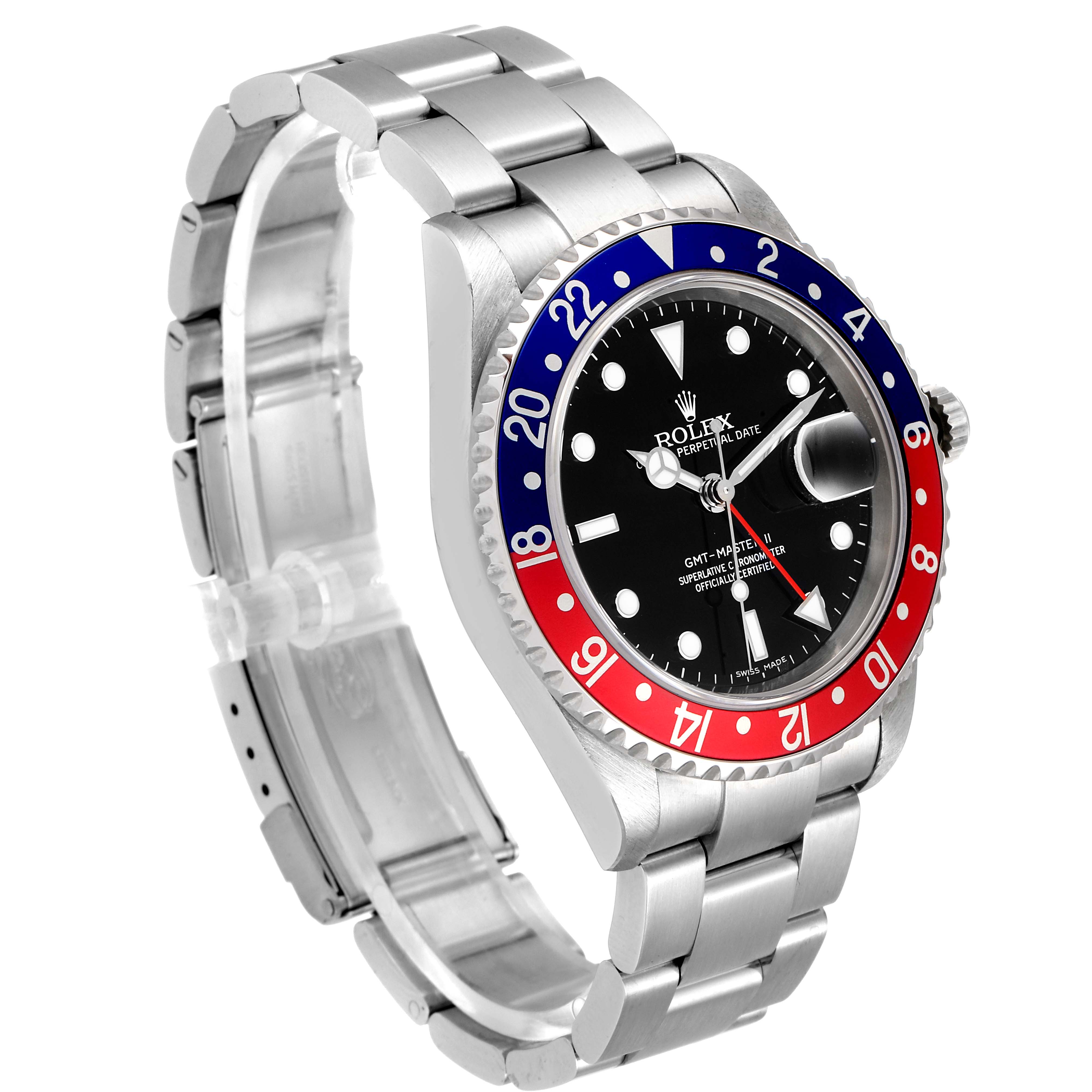 The image shows a Rolex GMT-Master 16710 Men's Stainless Steel Black Dial 16710 Men's Stainless Steel Black Dial watch at a three-quarter angle, highlighting the bezel, dial, and bracelet.
