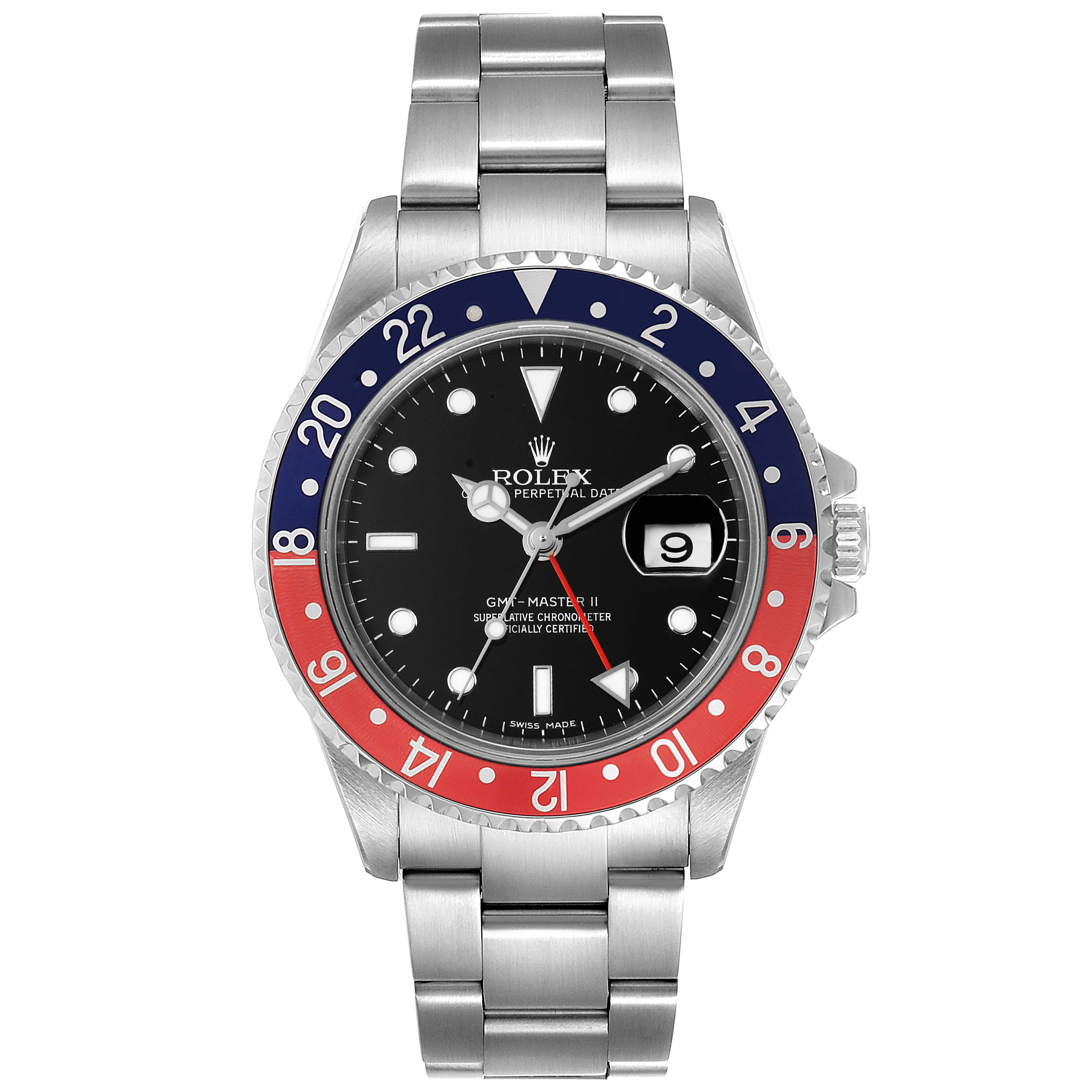This is a front view of a Rolex GMT-Master 16710 Men's Stainless Steel Black Dial 16710 Men's Stainless Steel Black Dial II watch, showing the bezel, dial, hands, and bracelet.