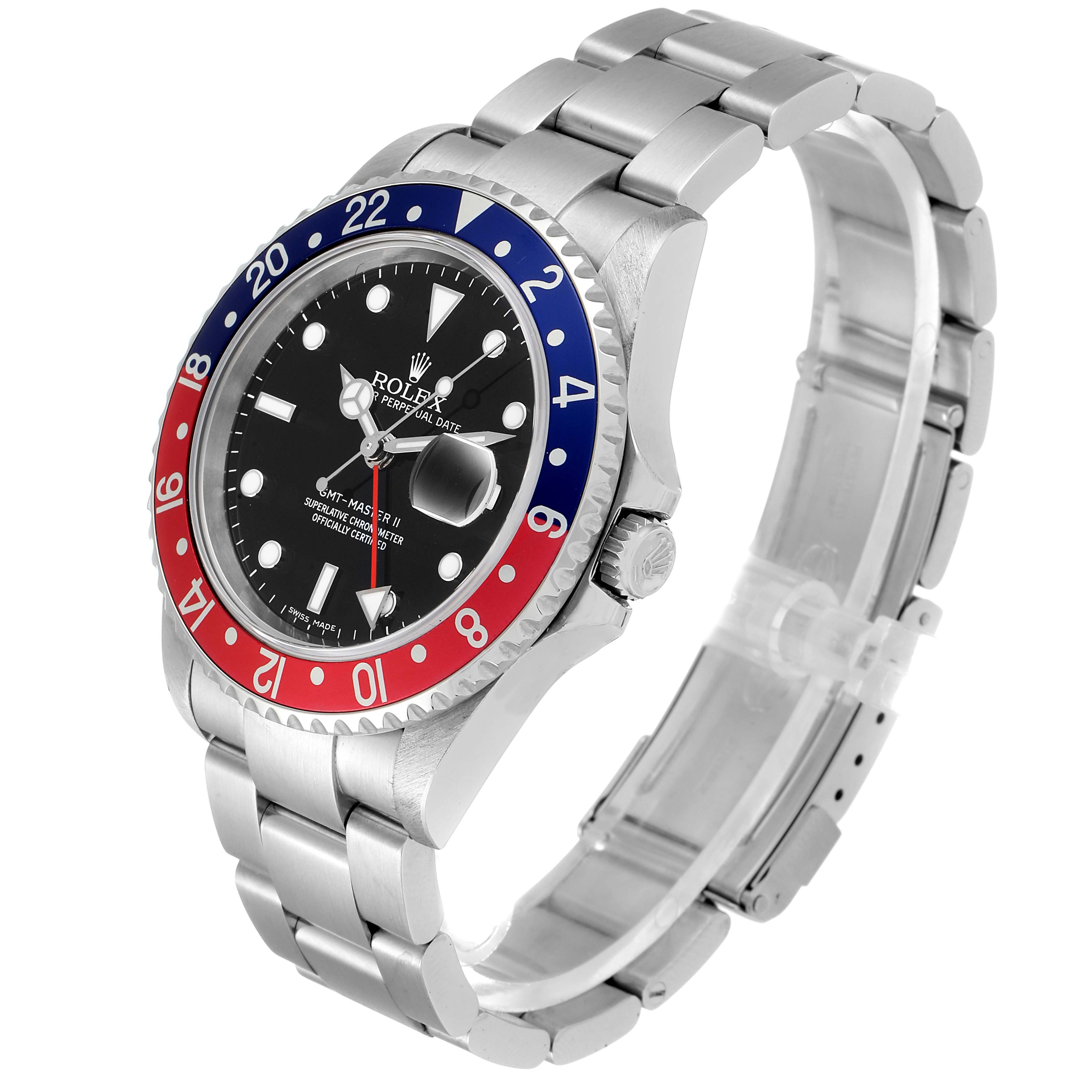 The image shows a Rolex GMT-Master 16710 Men's Stainless Steel Black Dial 16710 Men's Stainless Steel Black Dial II watch at an angle highlighting its face, bezel, bracelet, and crown.