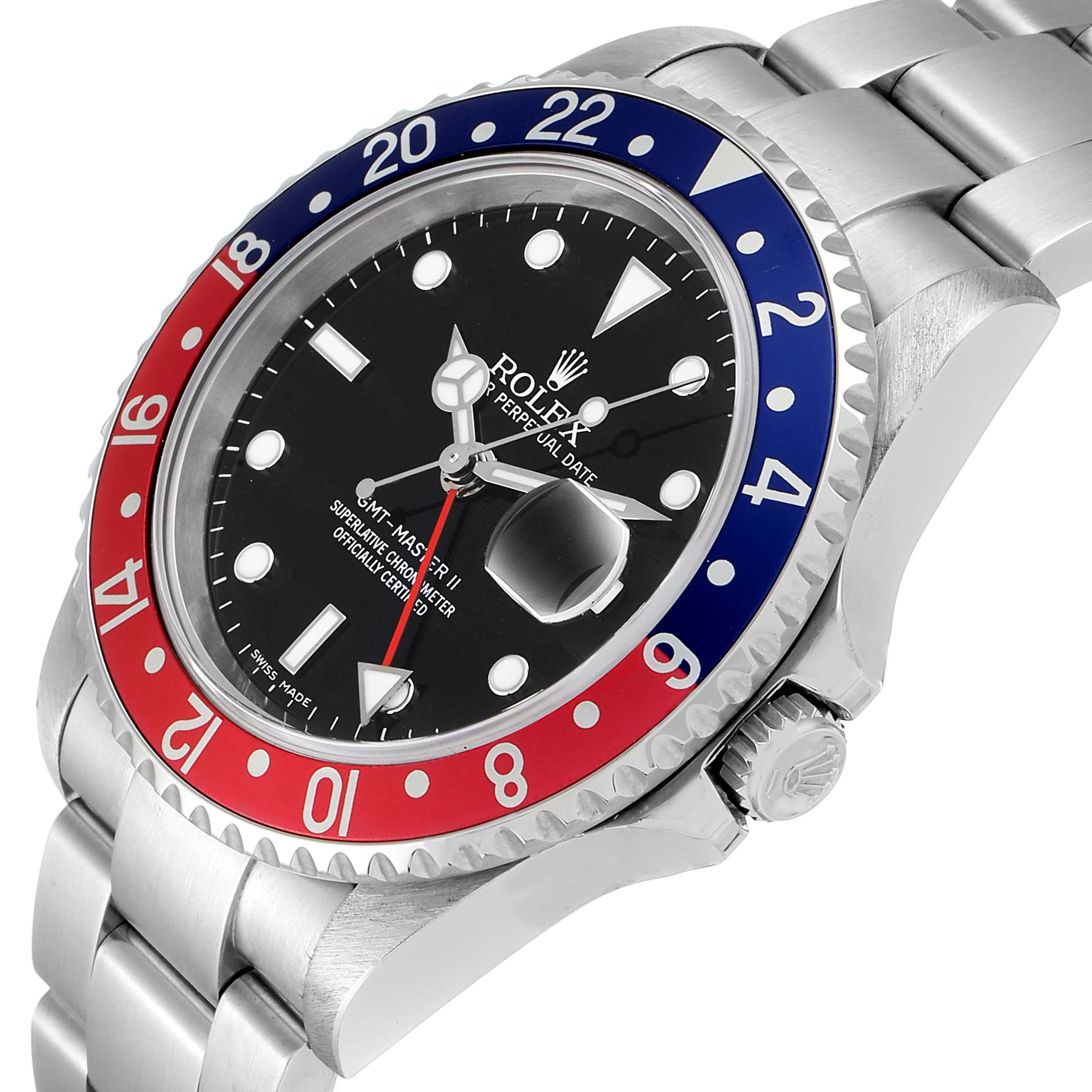 The Rolex GMT-Master 16710 Men's Stainless Steel Black Dial 16710 Men's Stainless Steel Black Dial II watch is shown from an angled side view, highlighting the dial, bezel, crown, and part of the bracelet.