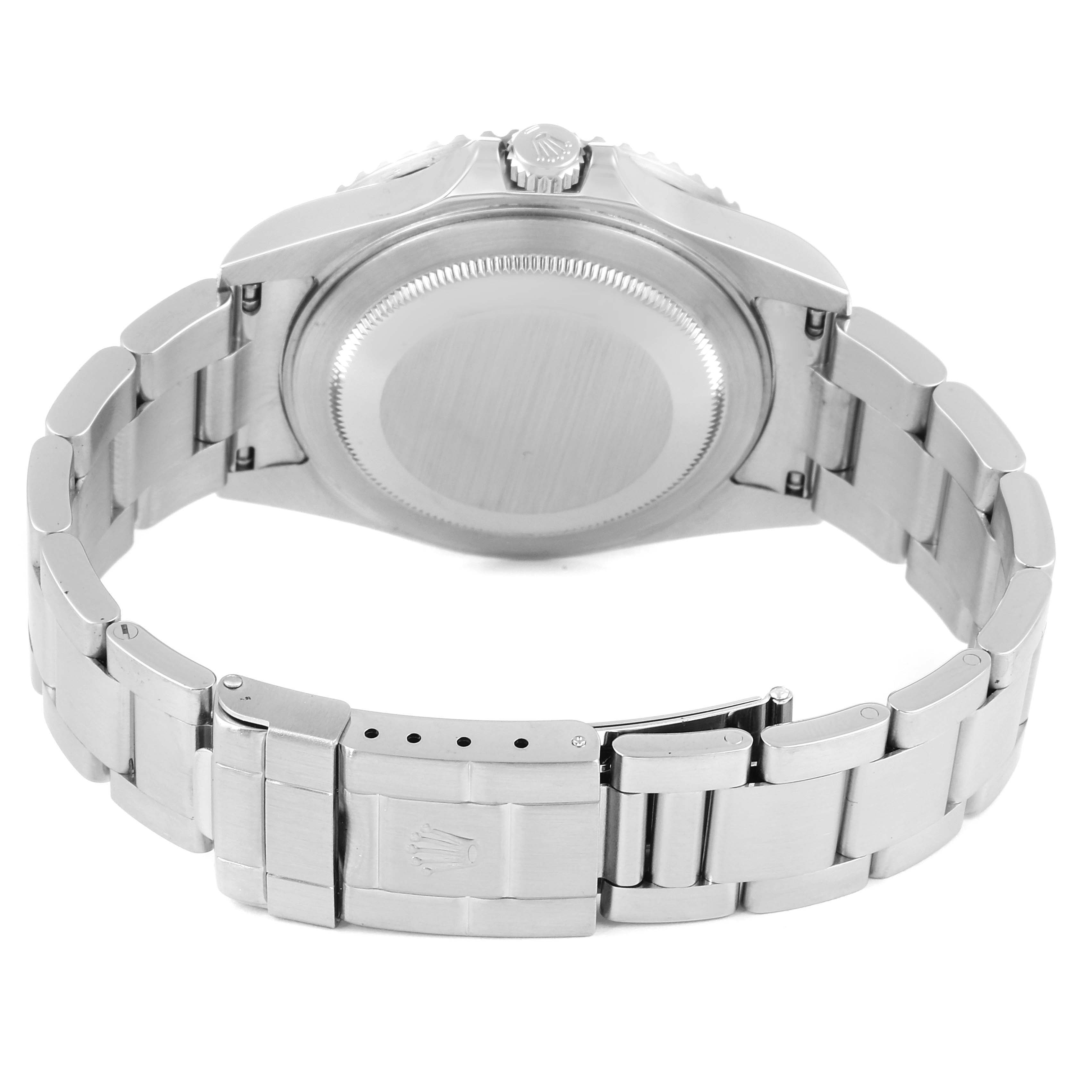 The image shows the back and bracelet of a Rolex GMT-Master 16710 Men's Stainless Steel Black Dial 16710 Men's Stainless Steel Black Dial watch from a rear angle.