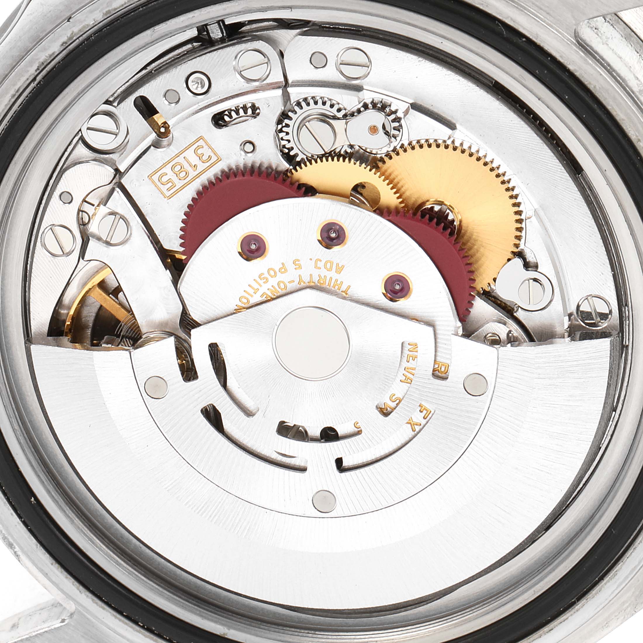 This image shows the intricate internal movement mechanism of a Rolex GMT-Master 16710 Men's Stainless Steel Black Dial 16710 Men's Stainless Steel Black Dial watch from a top-down angle.