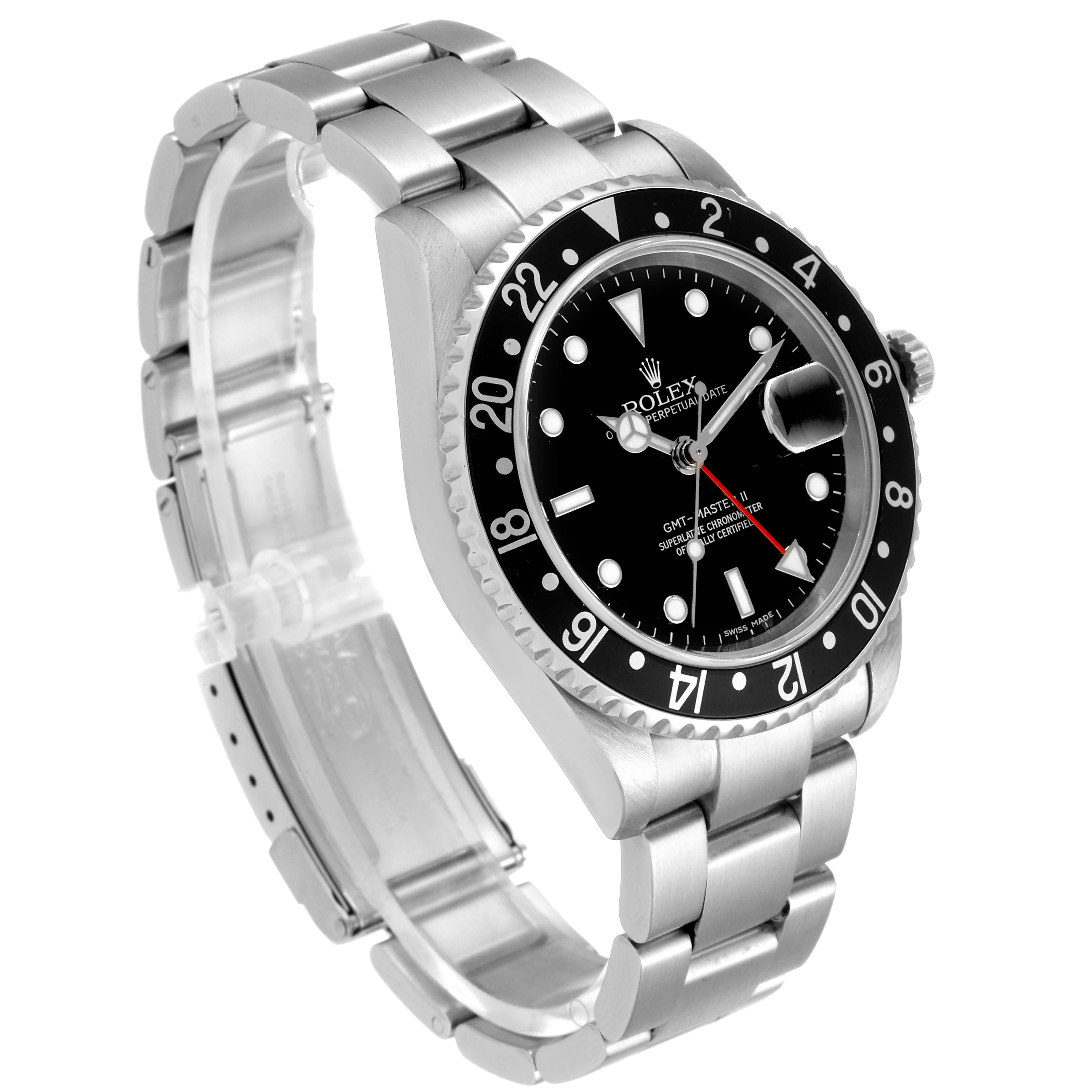 The image shows a Rolex GMT-Master 16710 Men's Stainless Steel Black Dial 16710 Men's Stainless Steel Black Dial watch at a three-quarter angle, highlighting the dial, bezel, and bracelet.