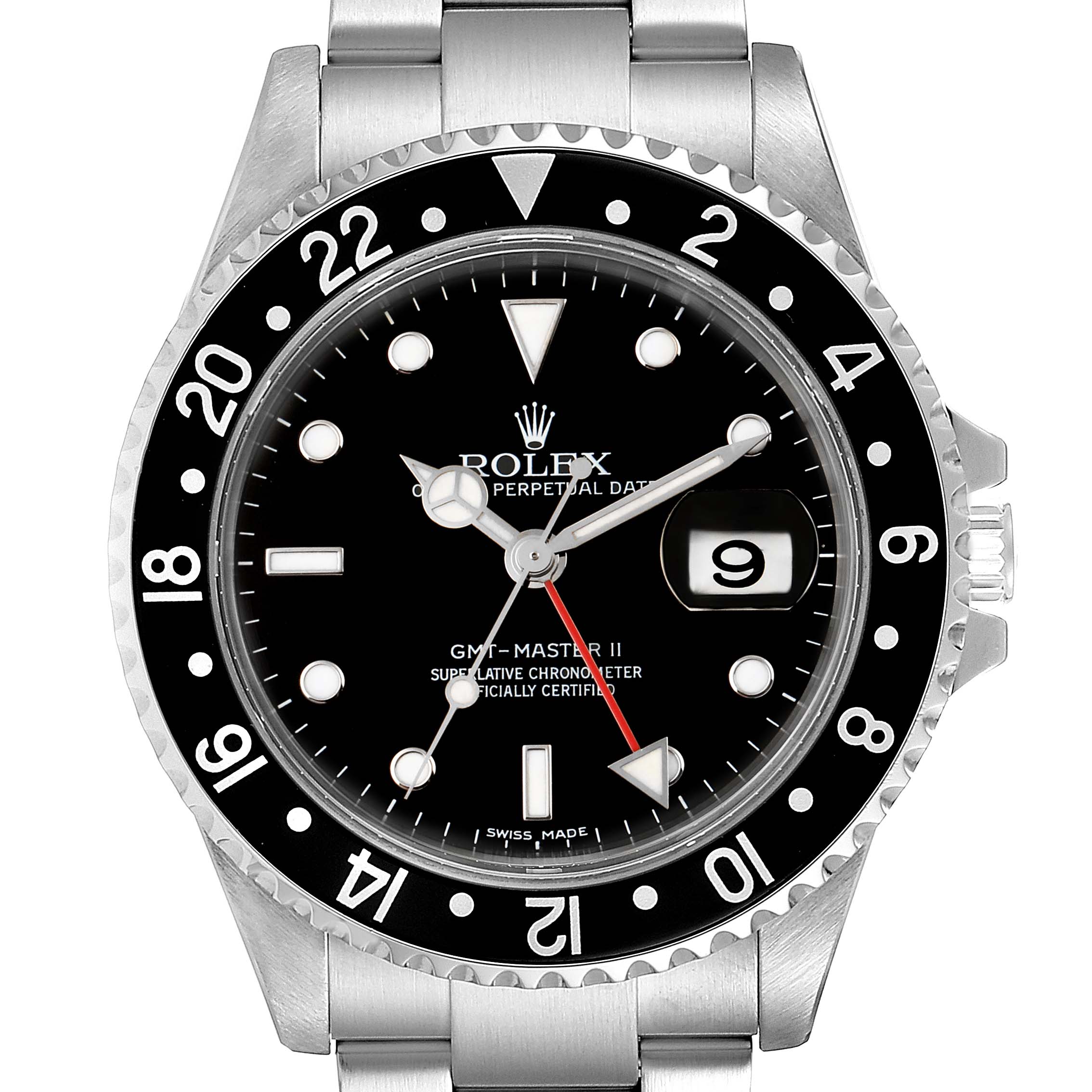 The image shows a front view of a Rolex GMT-Master 16710 Men's Stainless Steel Black Dial 16710 Men's Stainless Steel Black Dial II watch with its bezel, dial, hands, crown, and part of the bracelet visible.