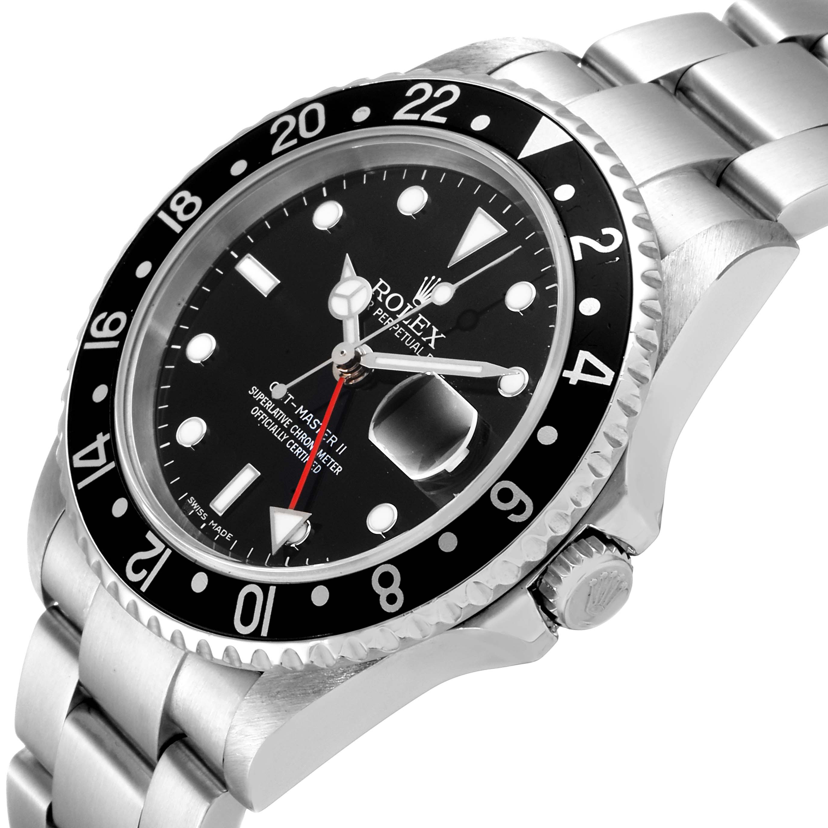 This image shows a Rolex GMT-Master 16710 Men's Stainless Steel Black Dial 16710 Men's Stainless Steel Black Dial watch at an angled view, highlighting the dial, bezel, bracelet, and crown.