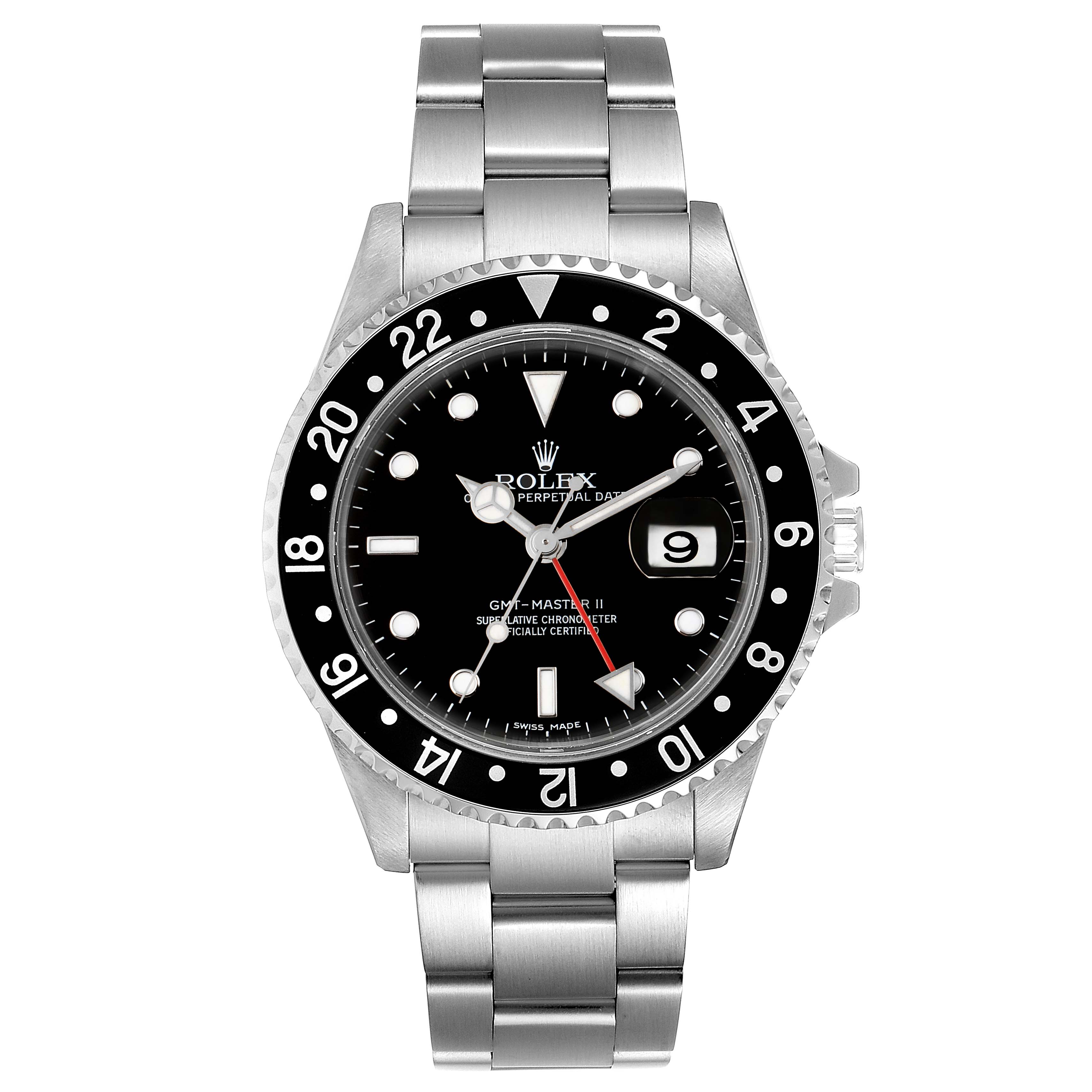 The image shows a front view of a Rolex GMT-Master 16710 Men's Stainless Steel Black Dial 16710 Men's Stainless Steel Black Dial watch, displaying its dial, bezel, and metal bracelet.