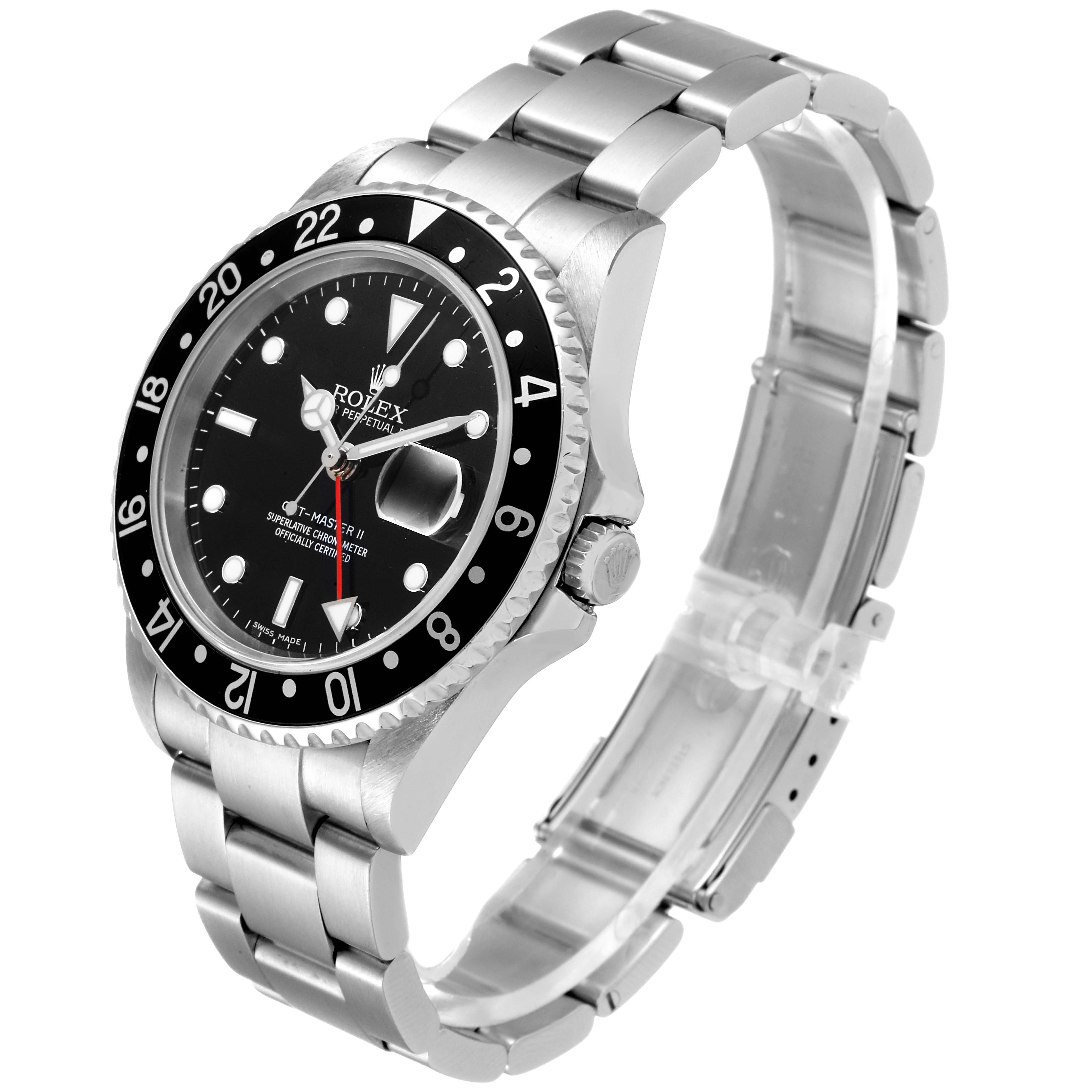The image shows a Rolex GMT-Master 16710 Men's Stainless Steel Black Dial 16710 Men's Stainless Steel Black Dial II watch at a three-quarters angle, highlighting the bracelet, bezel, and dial.