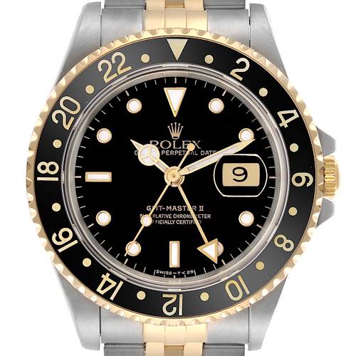 The image shows a front view of a Rolex GMT-Master II, highlighting the bezel, dial, and case.