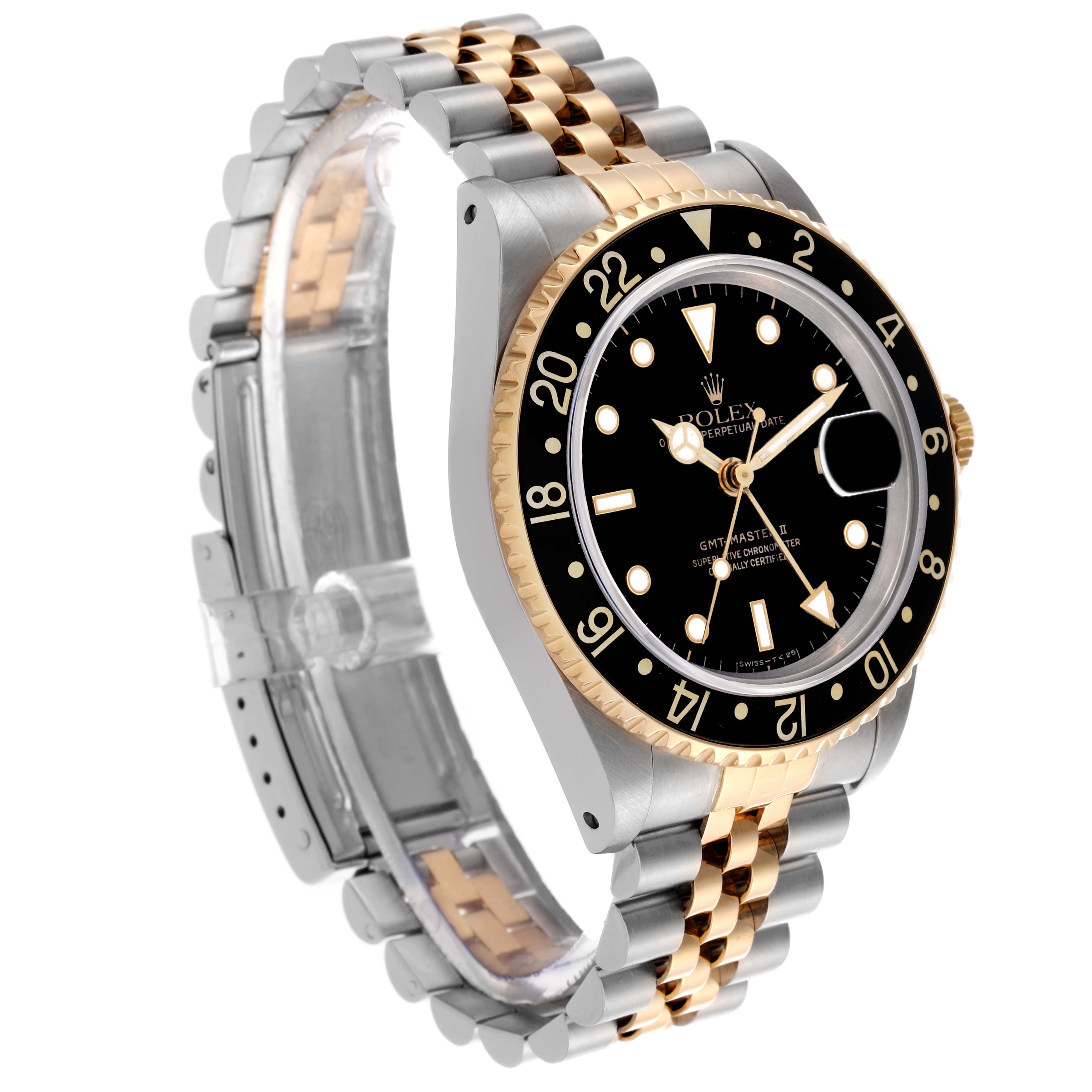 The image shows a Rolex GMT-Master 16713 Men's Steel and Gold (two tone) Black Dial 16713 Men's Steel and Gold (two tone) Black Dial watch at a three-quarter angle, highlighting the dial, bezel, crown, and two-tone bracelet.