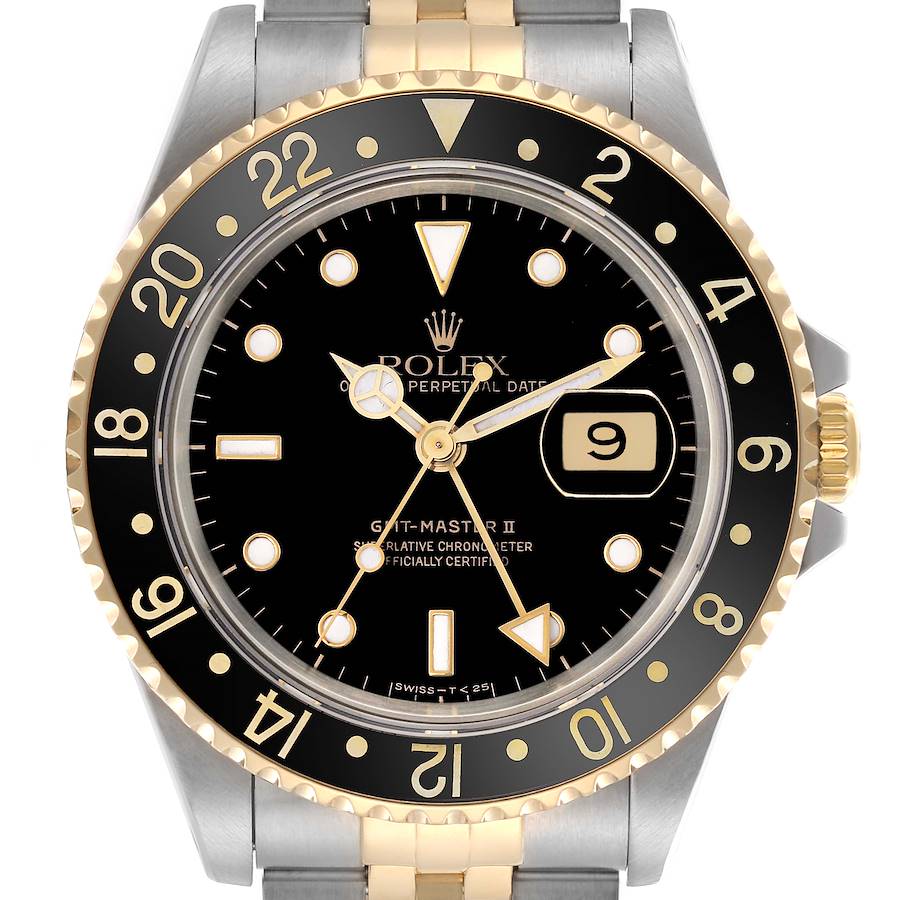 The Rolex GMT-Master model is shown from the front, highlighting the bezel, dial, hands, and steel-gold bracelet.