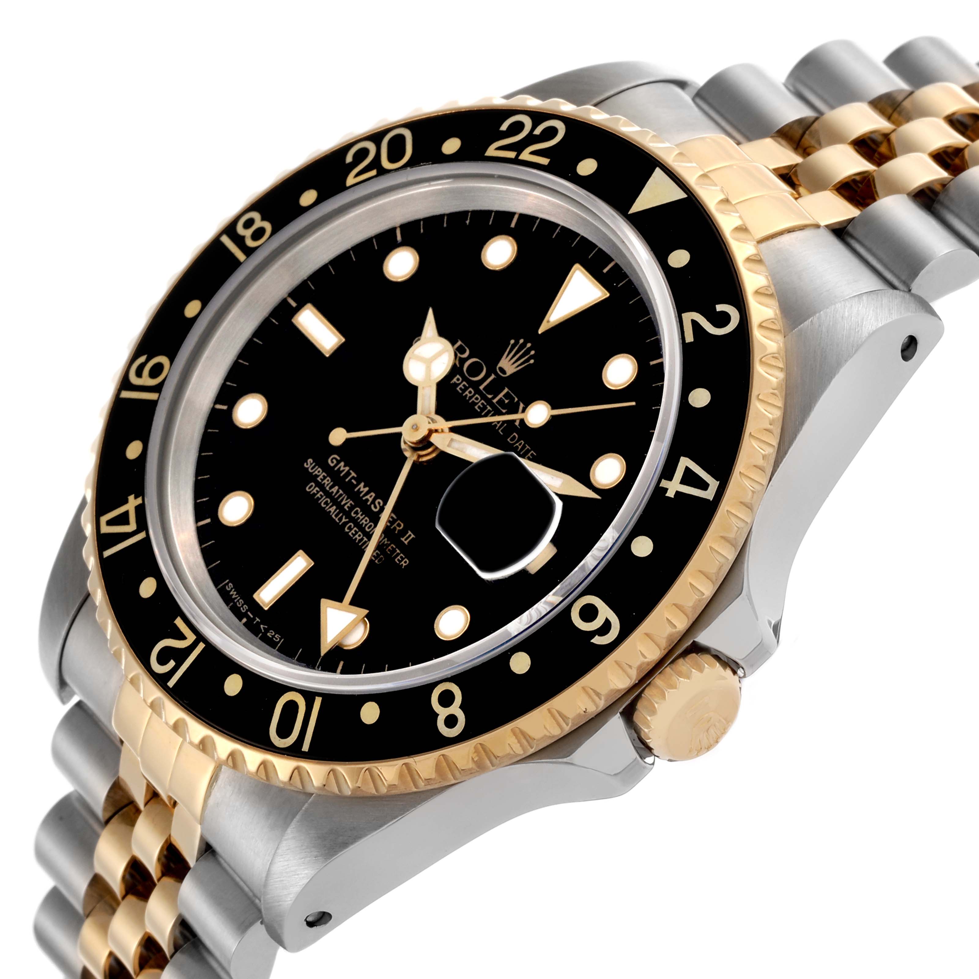 The image shows a Rolex GMT-Master 16713 Men's Steel and Gold (two tone) Black Dial 16713 Men's Steel and Gold (two tone) Black Dial II watch at an angle highlighting the bezel, crown, and dual-tone bracelet.