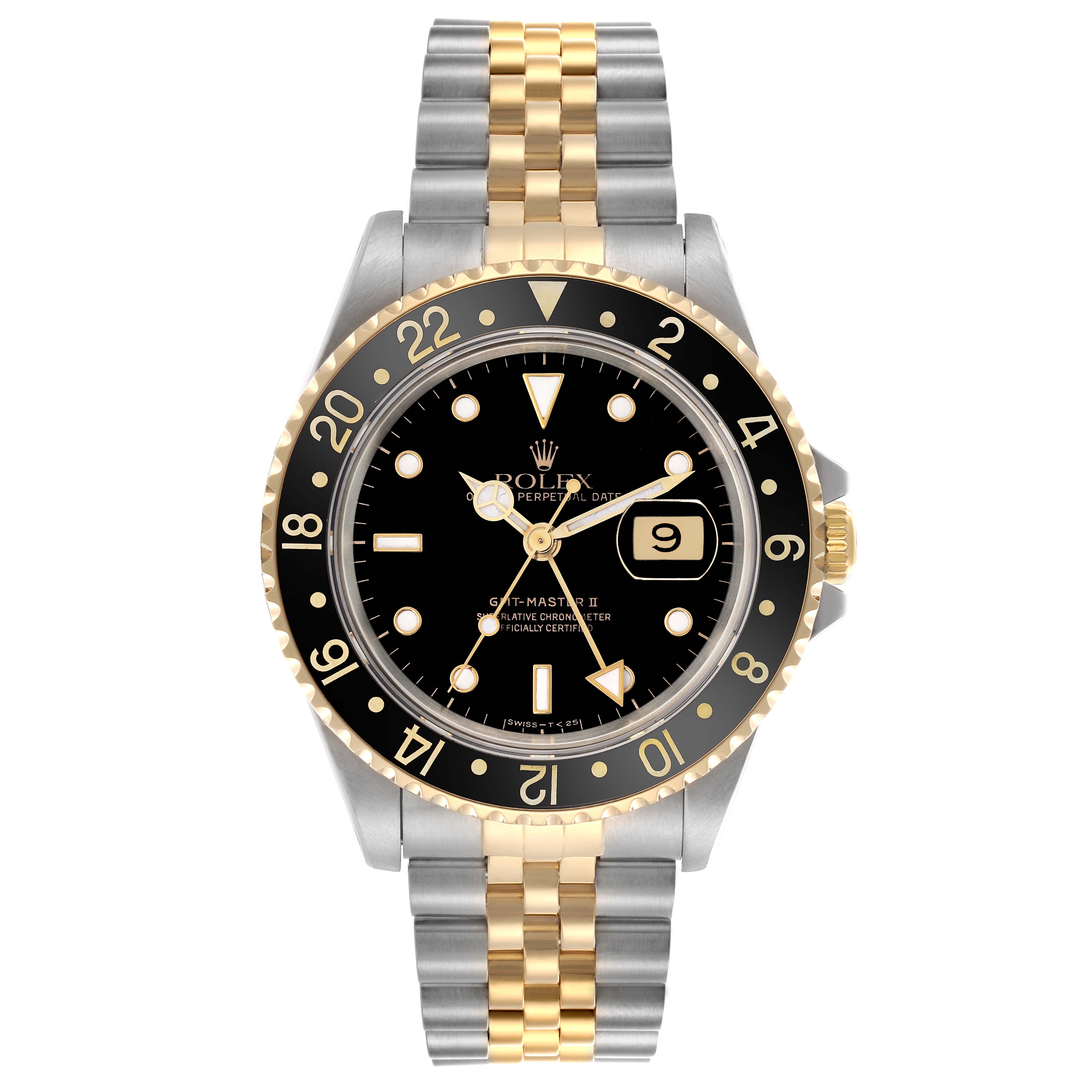 The Rolex GMT-Master 16713 Men's Steel and Gold (two tone) Black Dial 16713 Men's Steel and Gold (two tone) Black Dial watch is shown from a front angle, highlighting its bezel, dial, crown, and bracelet.