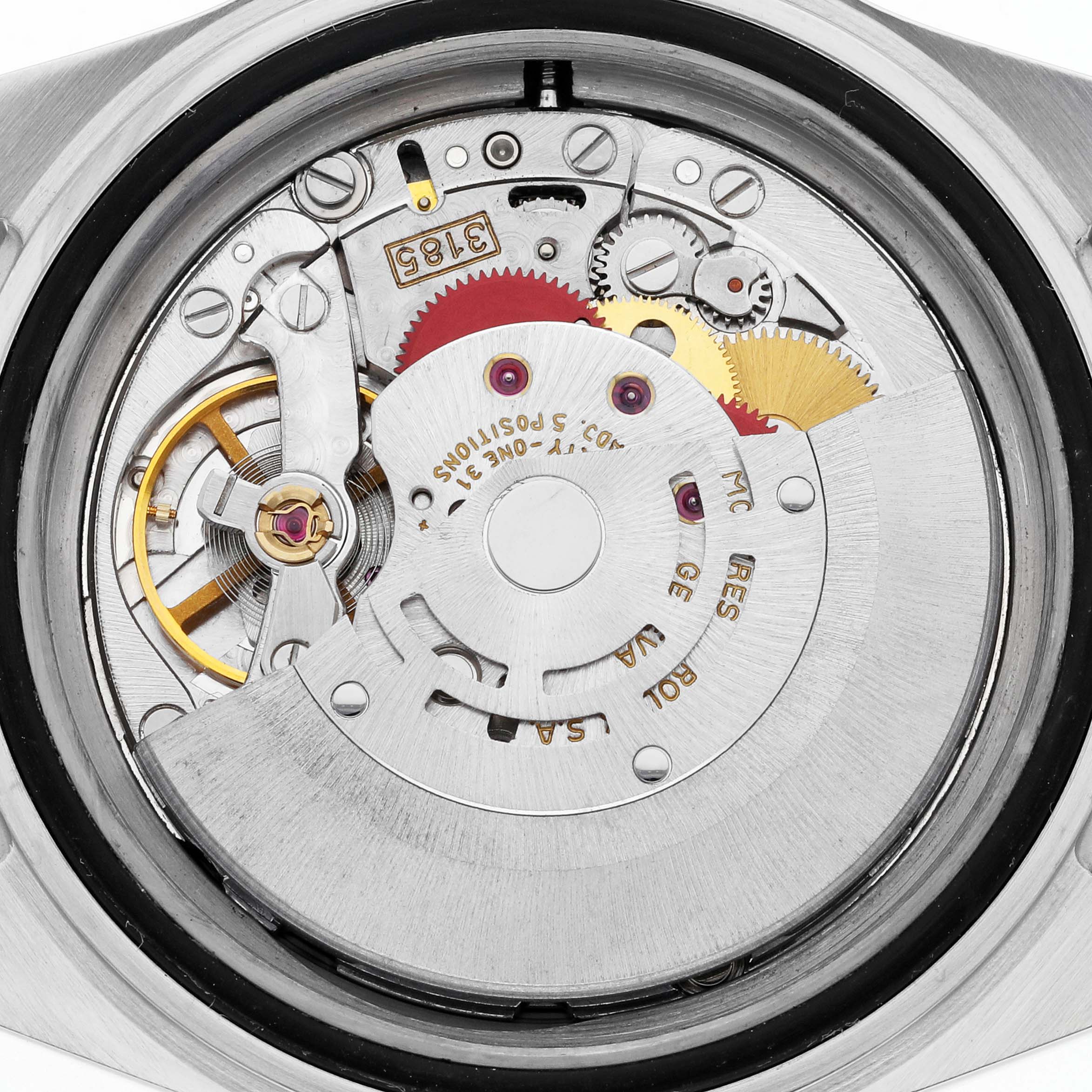 The image shows a close-up view of the movement inside the Rolex GMT-Master 16713 Men's Steel and Gold (two tone) Black Dial 16713 Men's Steel and Gold (two tone) Black Dial watch.