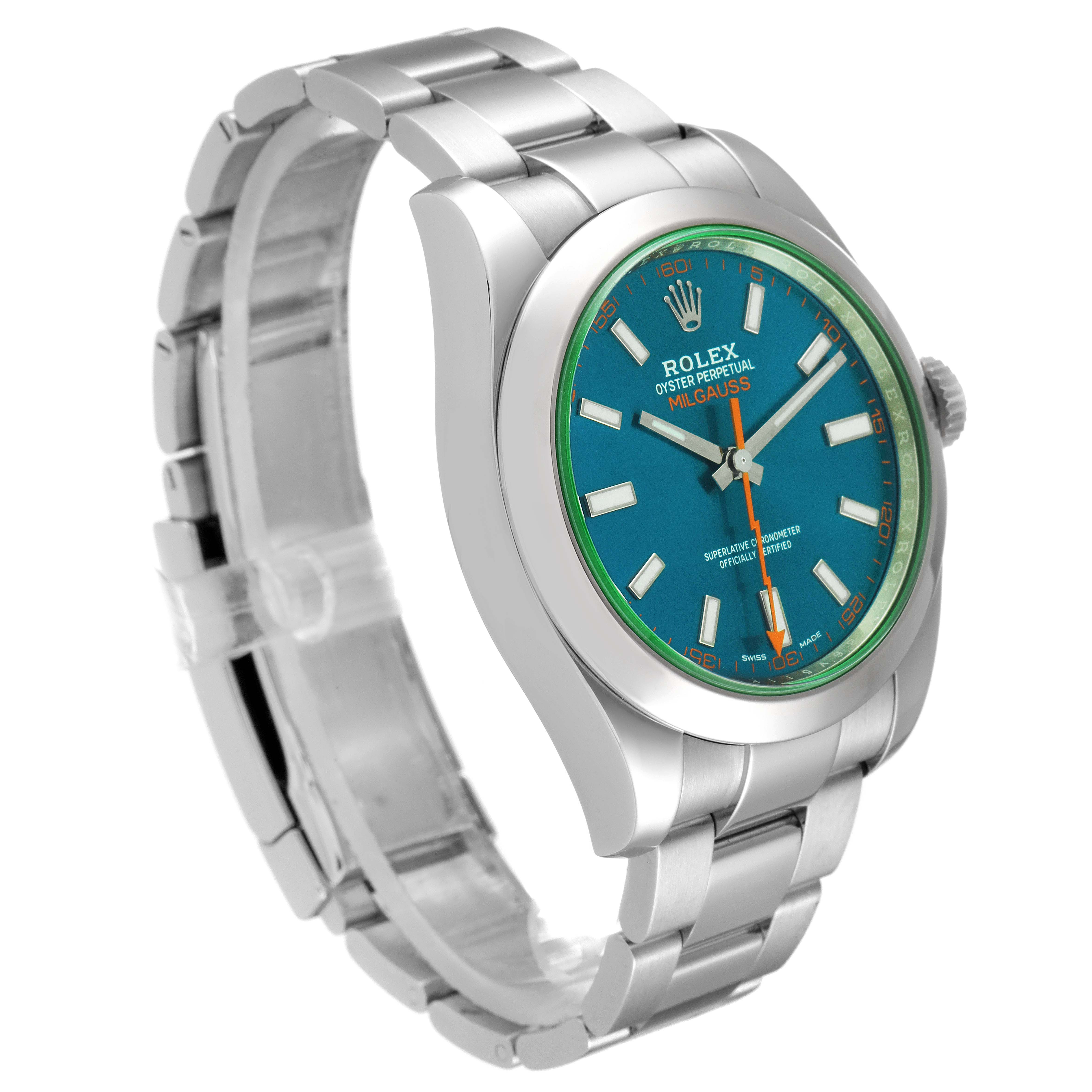 The image shows a Rolex Milgauss 116400GV Men's Stainless Steel Blue Dial 116400GV Men's Stainless Steel Blue Dial watch angled from the left side, displaying the face, bezel, crown, and part of the bracelet.