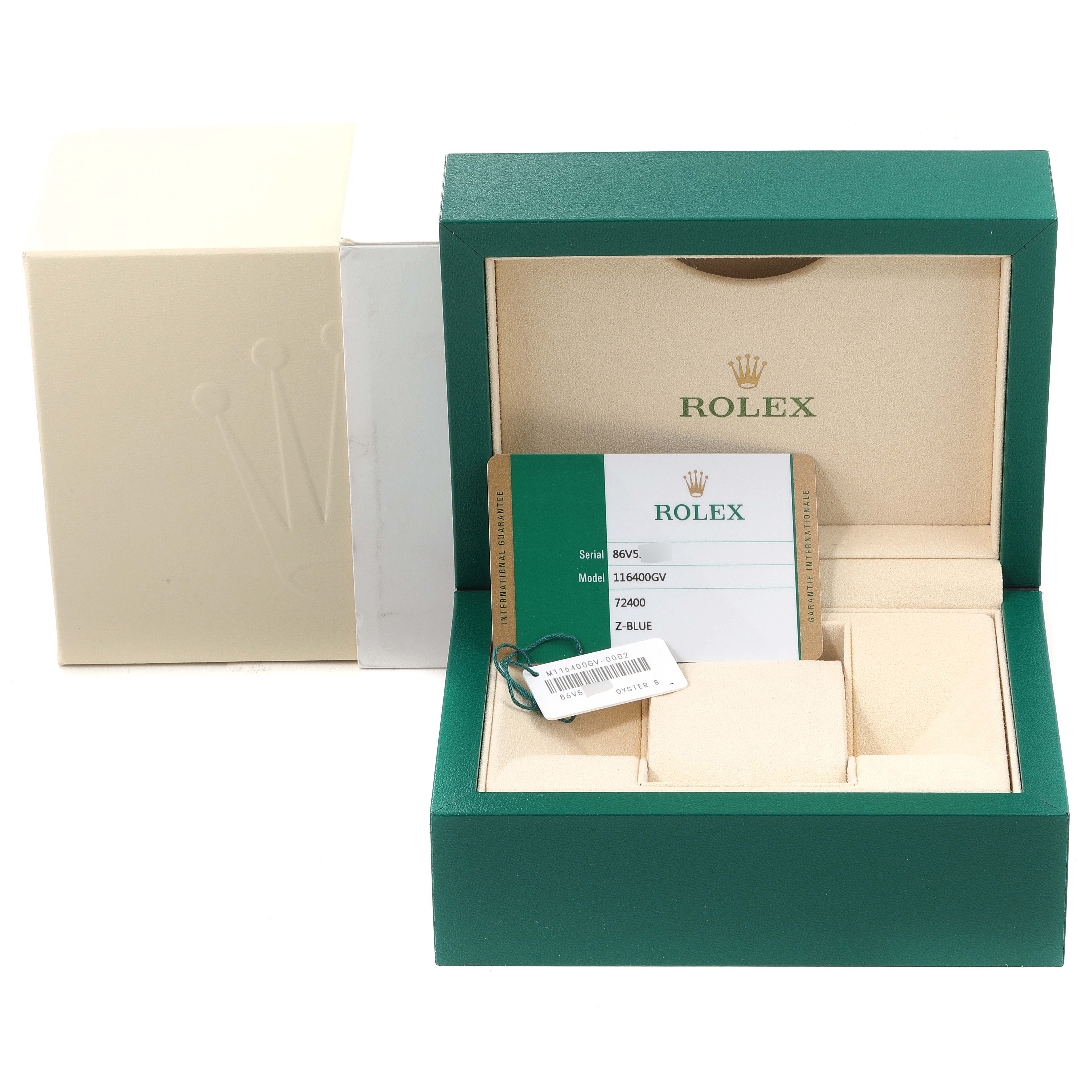 The image shows the open box and certification card for a Rolex Milgauss 116400GV Men's Stainless Steel Blue Dial 116400GV Men's Stainless Steel Blue Dial model.