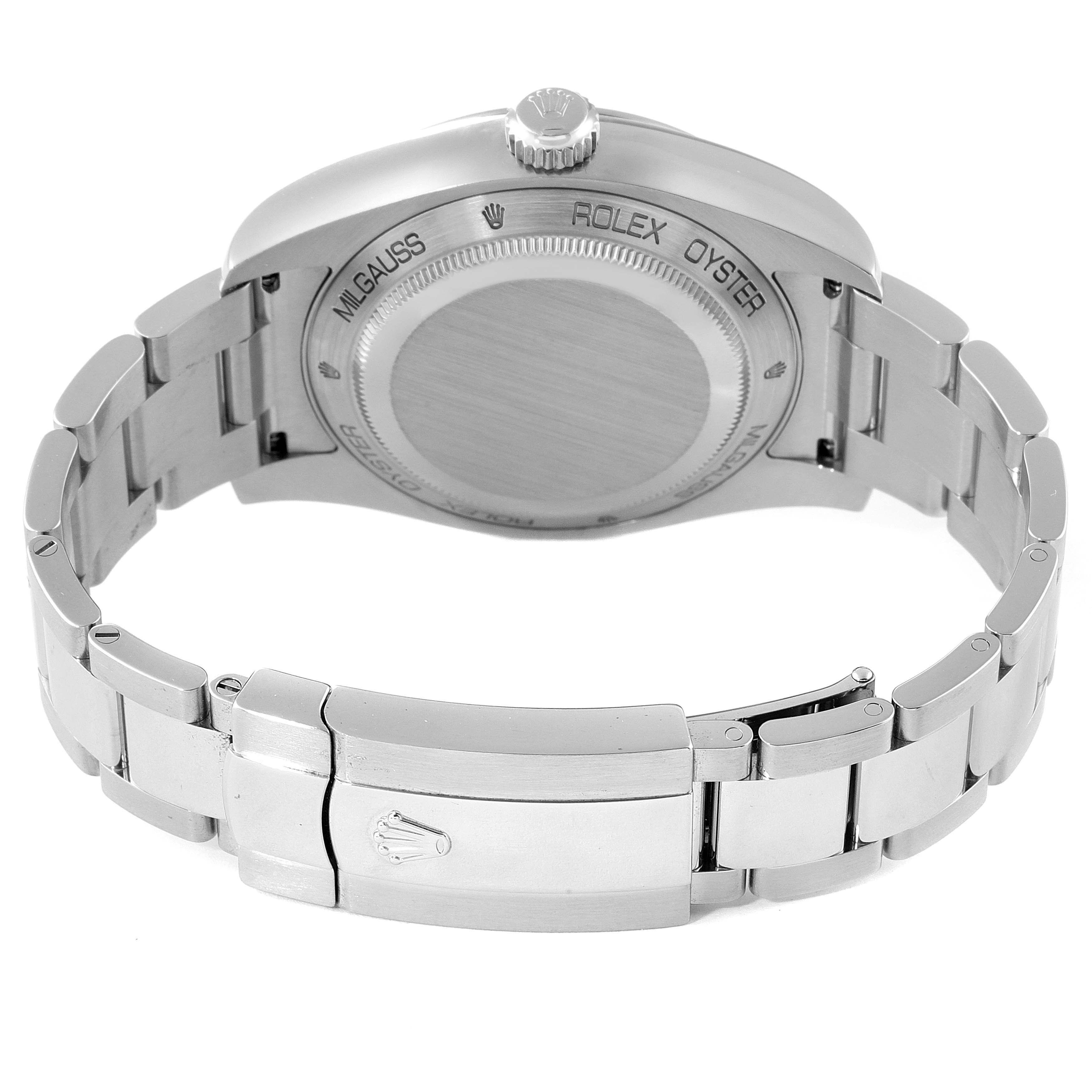 The image shows the back and bracelet of a Rolex Milgauss 116400GV Men's Stainless Steel Blue Dial 116400GV Men's Stainless Steel Blue Dial watch, highlighting its clasp and case back.