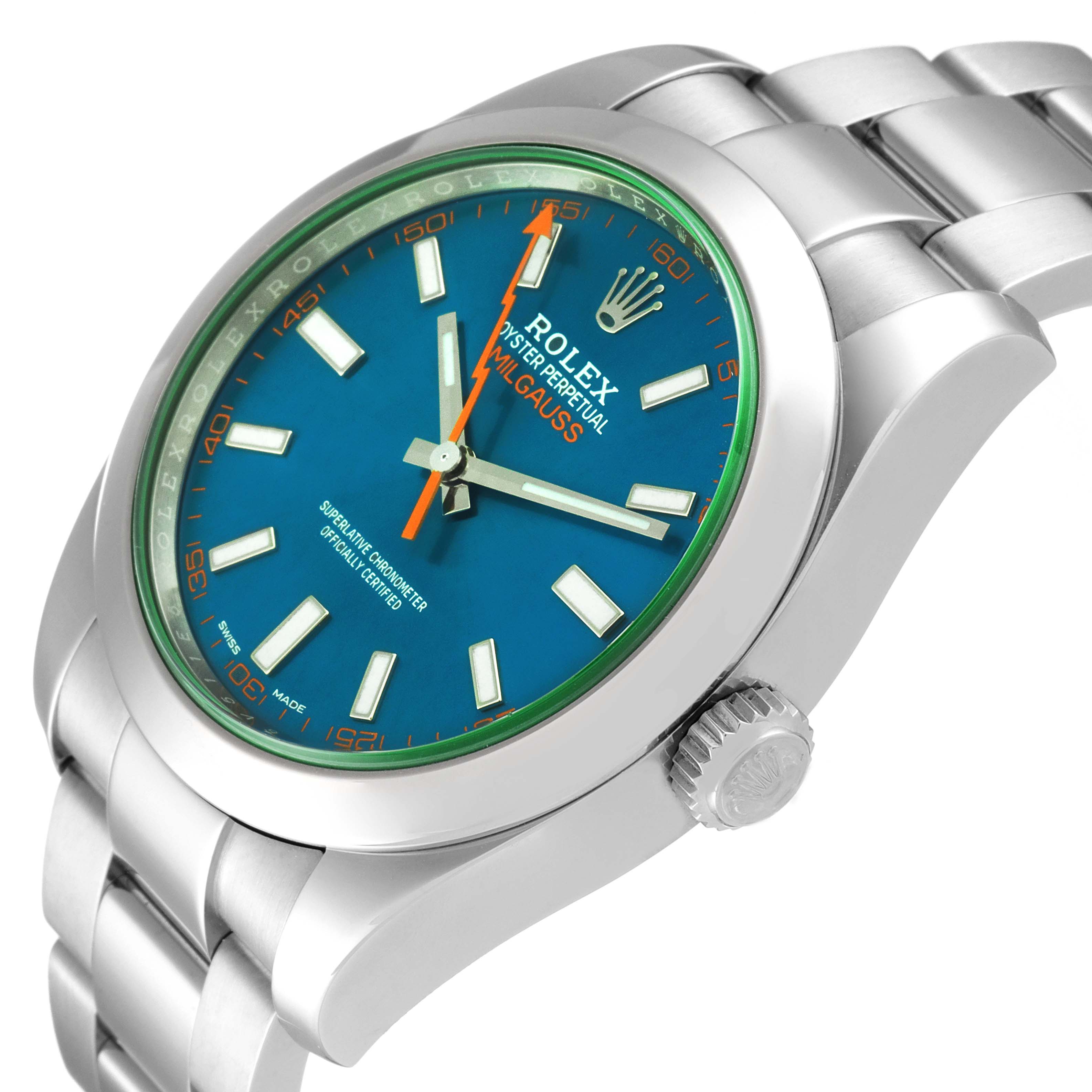 The image shows a Rolex Milgauss 116400GV Men's Stainless Steel Blue Dial 116400GV Men's Stainless Steel Blue Dial watch viewed from an angle highlighting the dial, crown, and stainless steel bracelet.