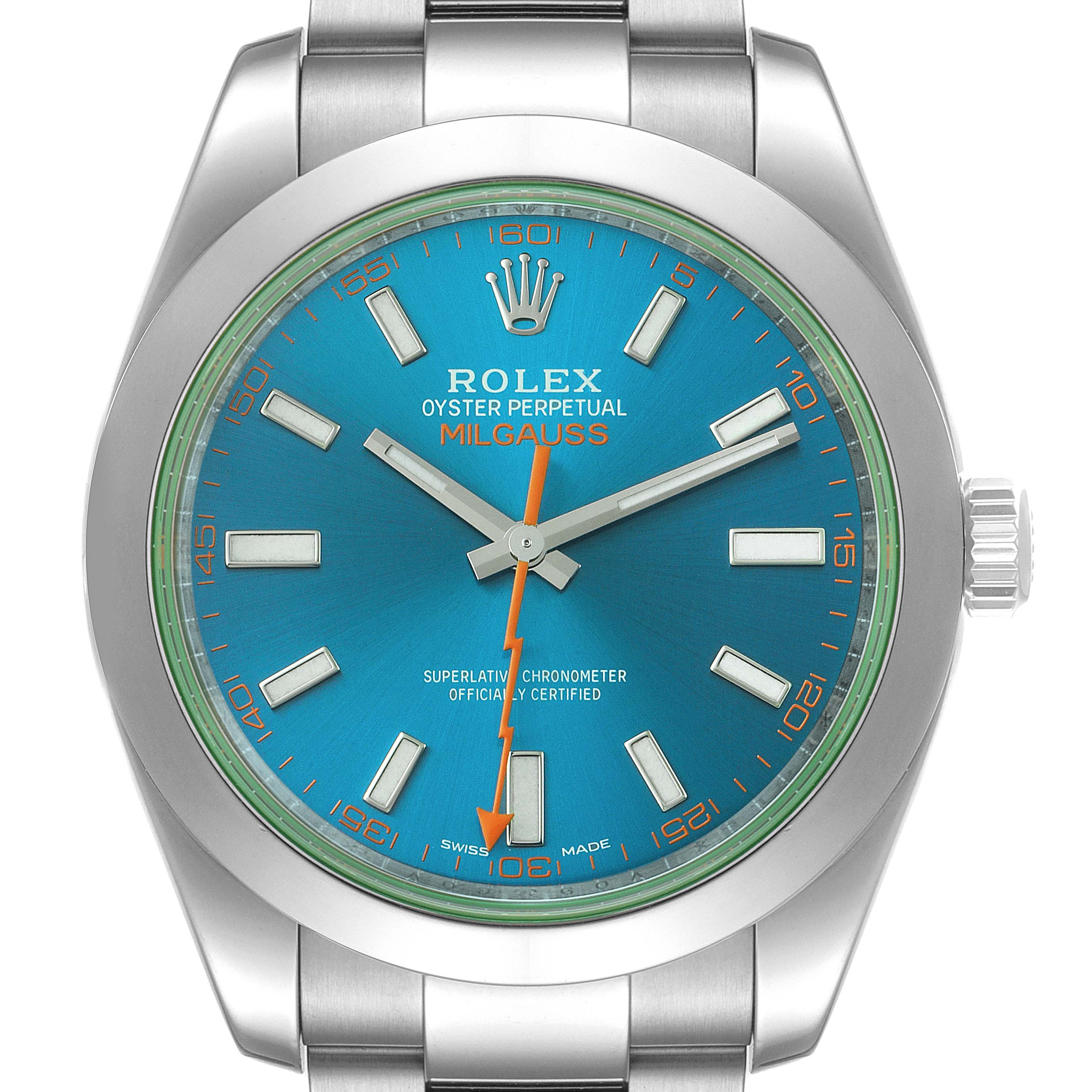 This image shows a frontal view of the Rolex Milgauss 116400GV Men's Stainless Steel Blue Dial 116400GV Men's Stainless Steel Blue Dial watch displaying its blue dial, hour markers, and the brand's logo.