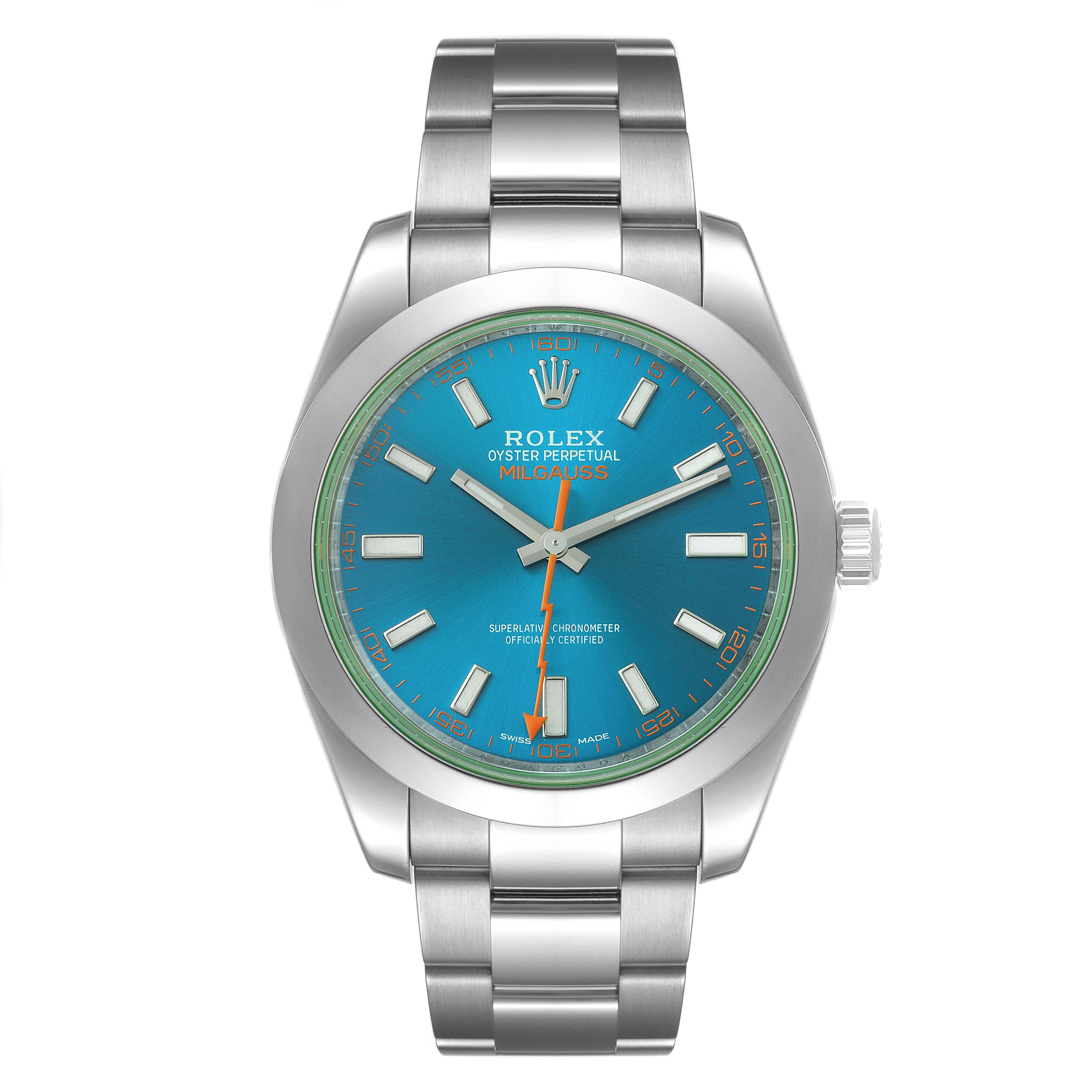This image shows the front view of a Rolex Milgauss 116400GV Men's Stainless Steel Blue Dial 116400GV Men's Stainless Steel Blue Dial watch, displaying the face, bezel, and part of the stainless steel bracelet.